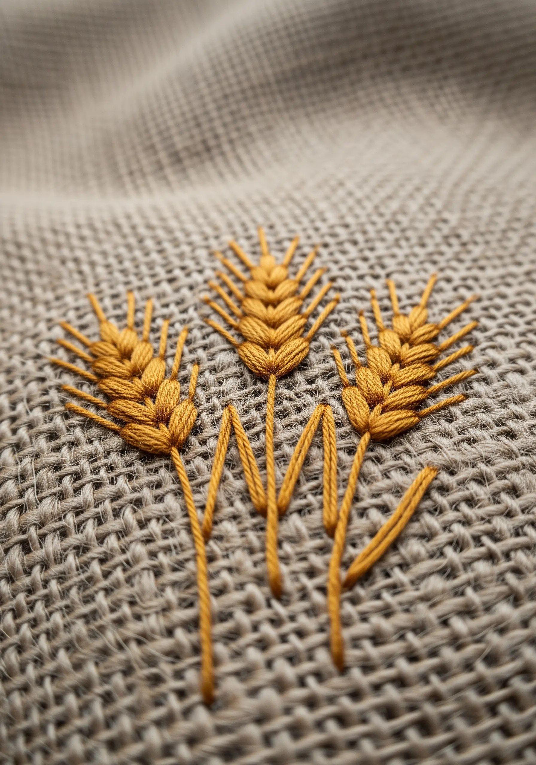 Three stalks of wheat embroidered in golden thread on coarse burlap fabric.