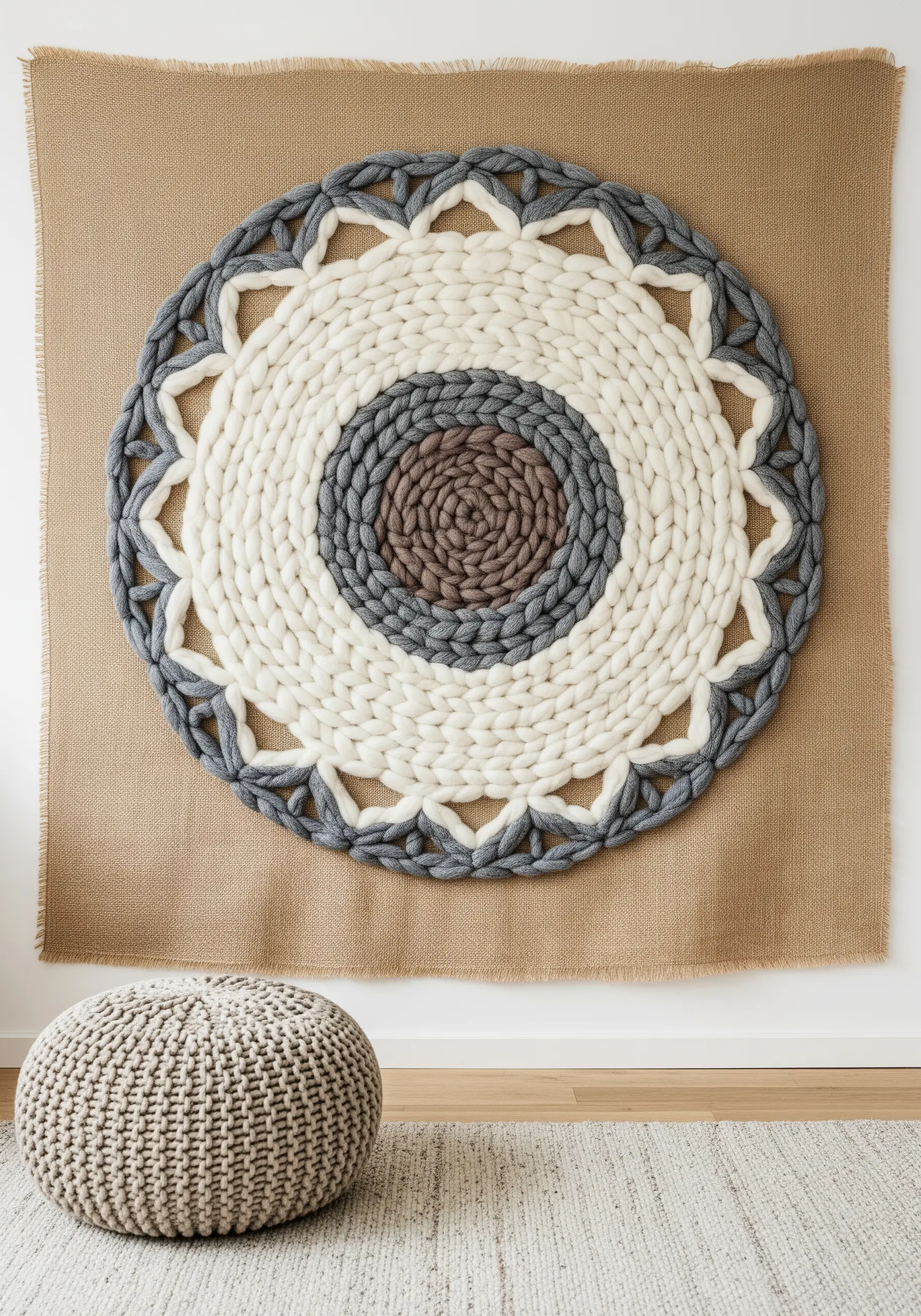 A large, tactile mandala made from chunky woven yarn in neutral colors on a burlap backing.