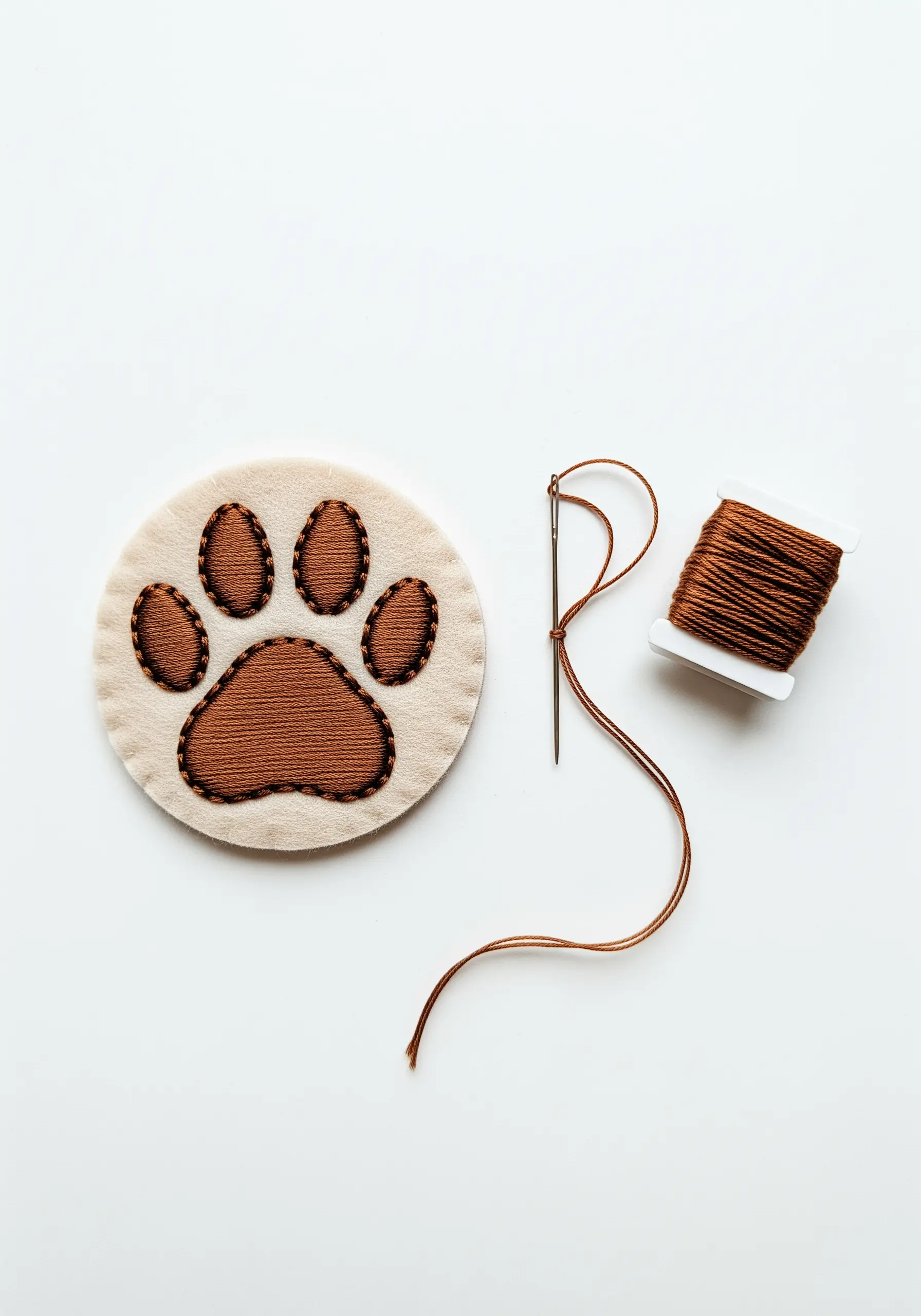 A pet paw patch made from layered felt with decorative blanket stitch outlines.