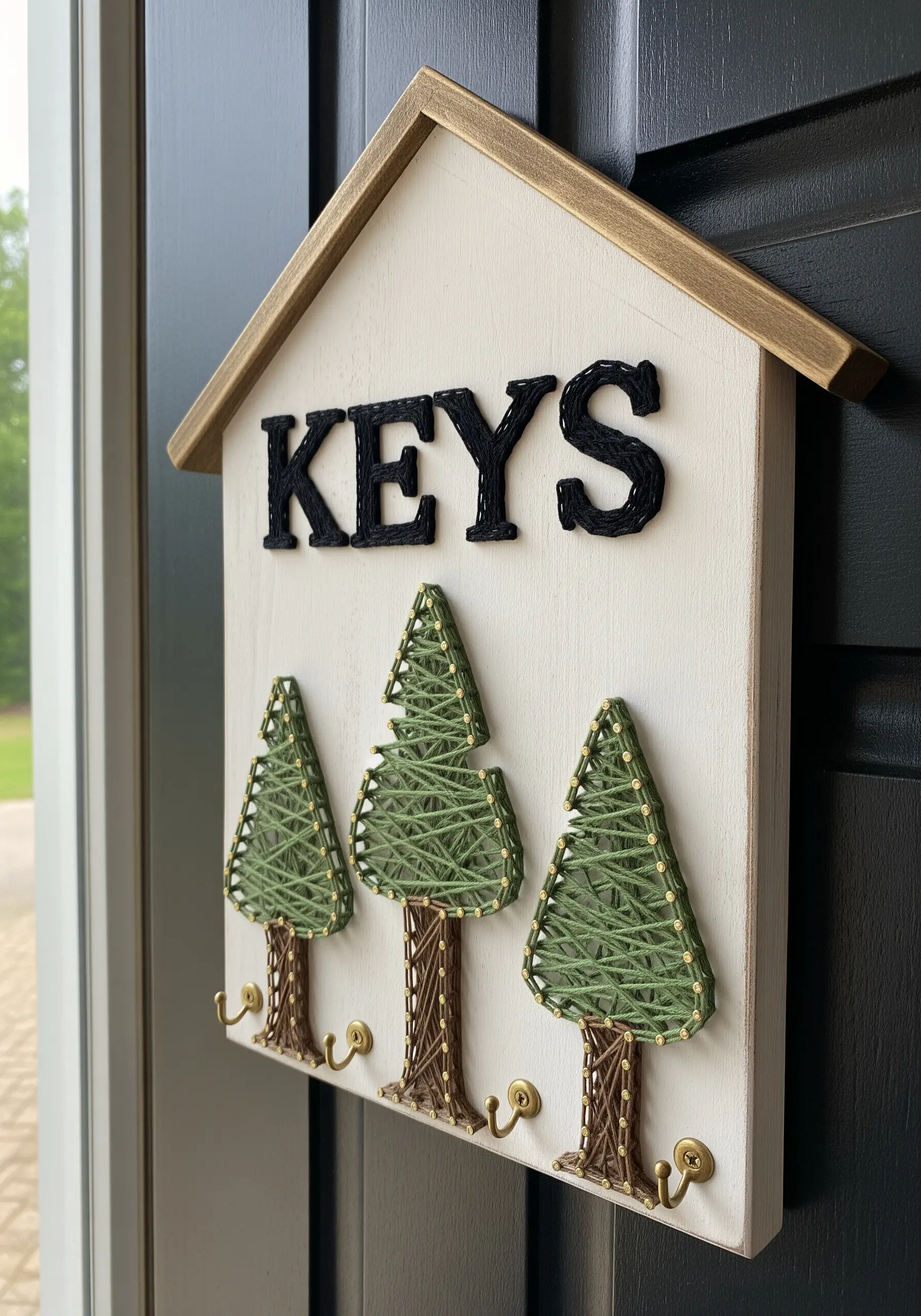 A house-shaped key holder with string art pine trees and brass hooks for keys.