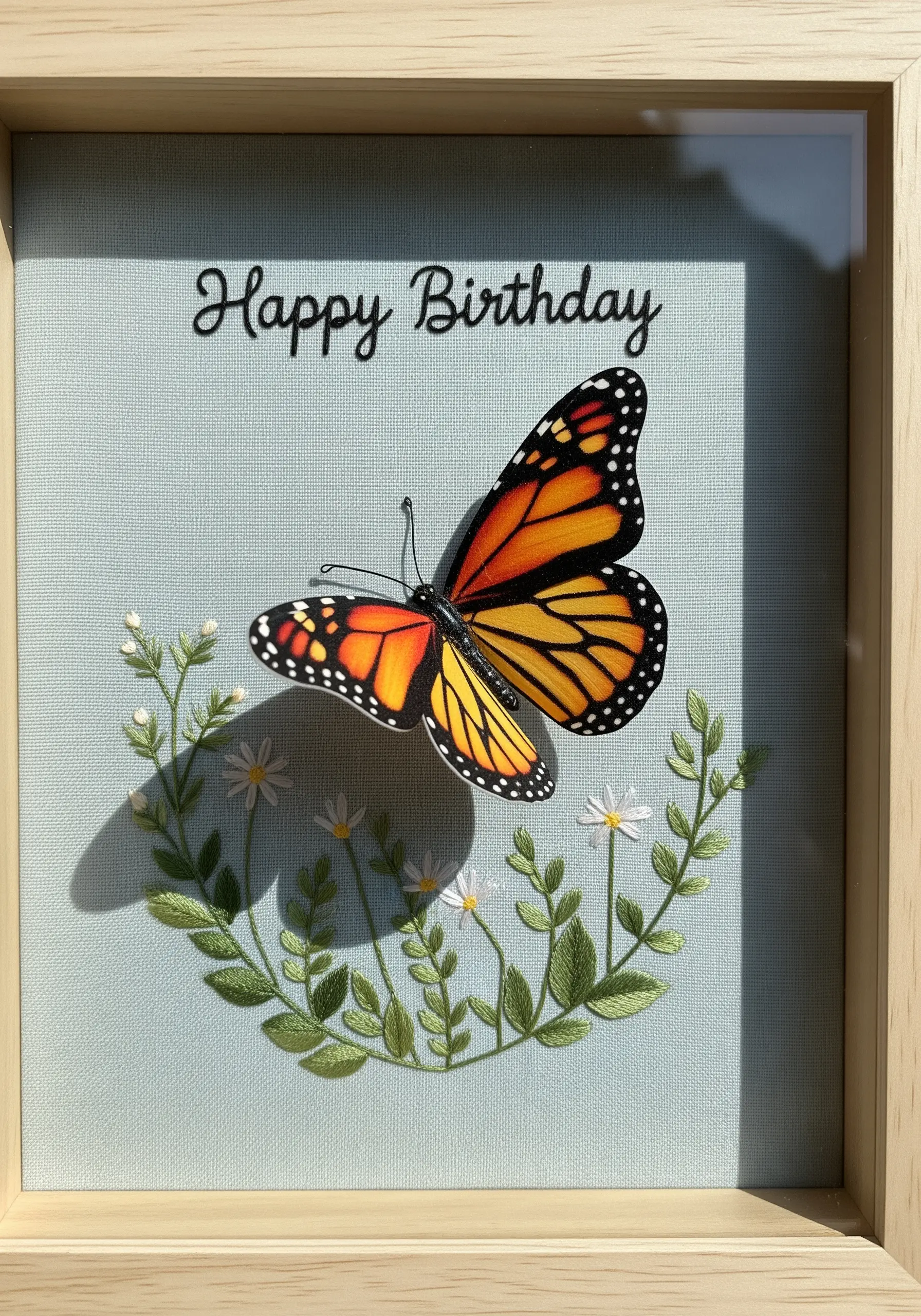 Framed embroidery with a 3D paper butterfly mounted over stitched flowers.