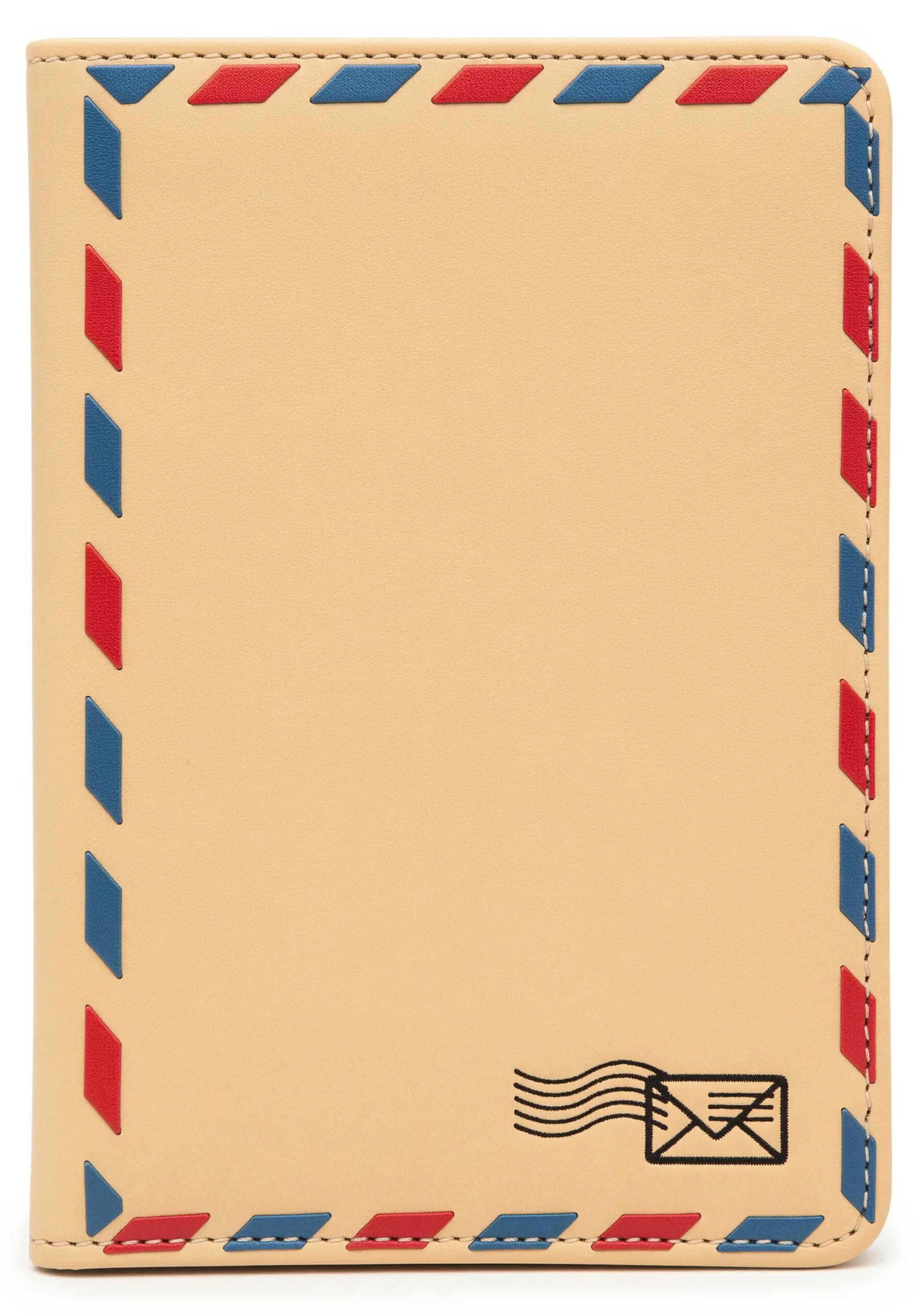 A passport cover designed to look like an airmail envelope with red and blue border details.