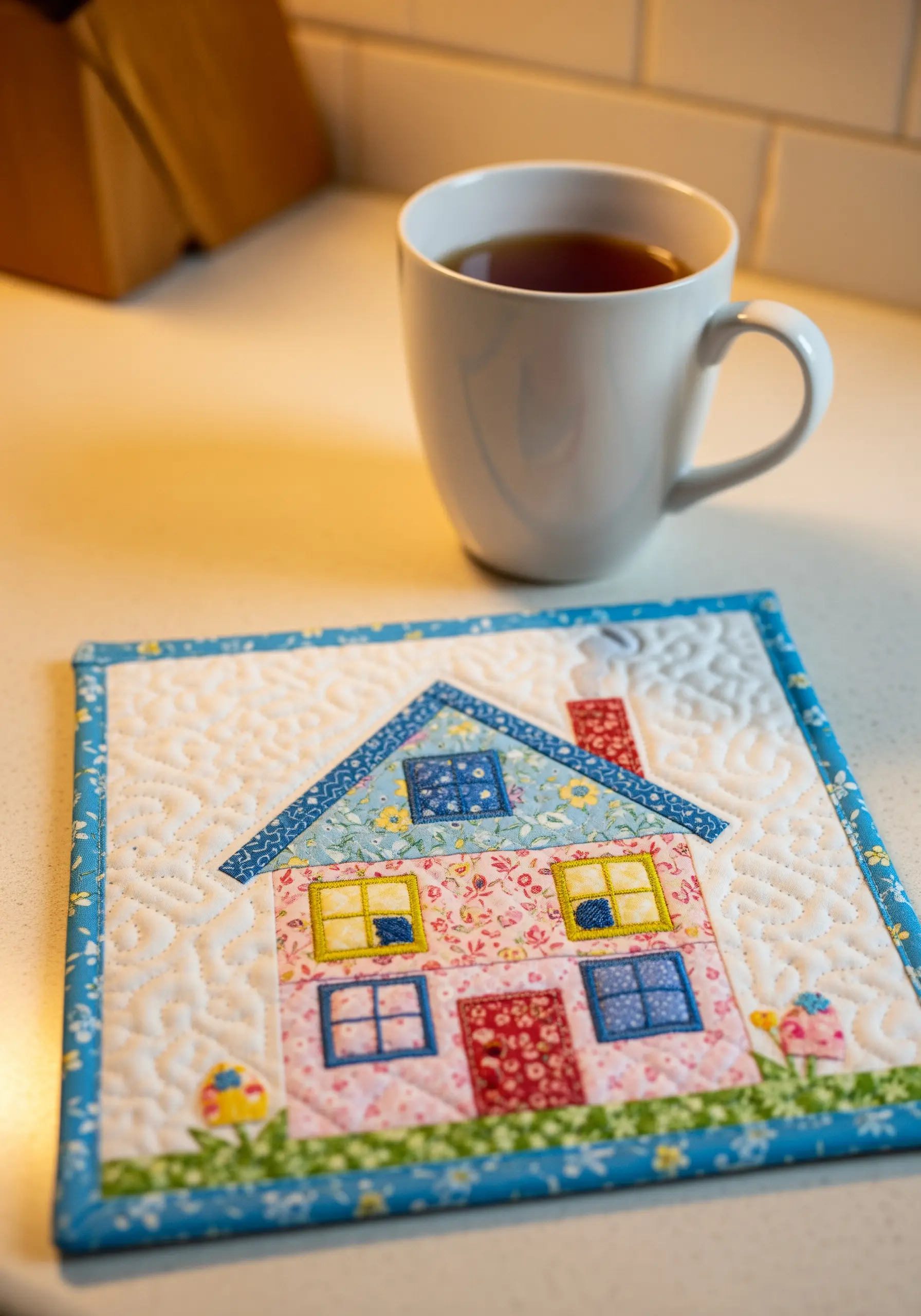 A quilted and appliquéd mug rug depicting a colorful house, with embroidered window details.