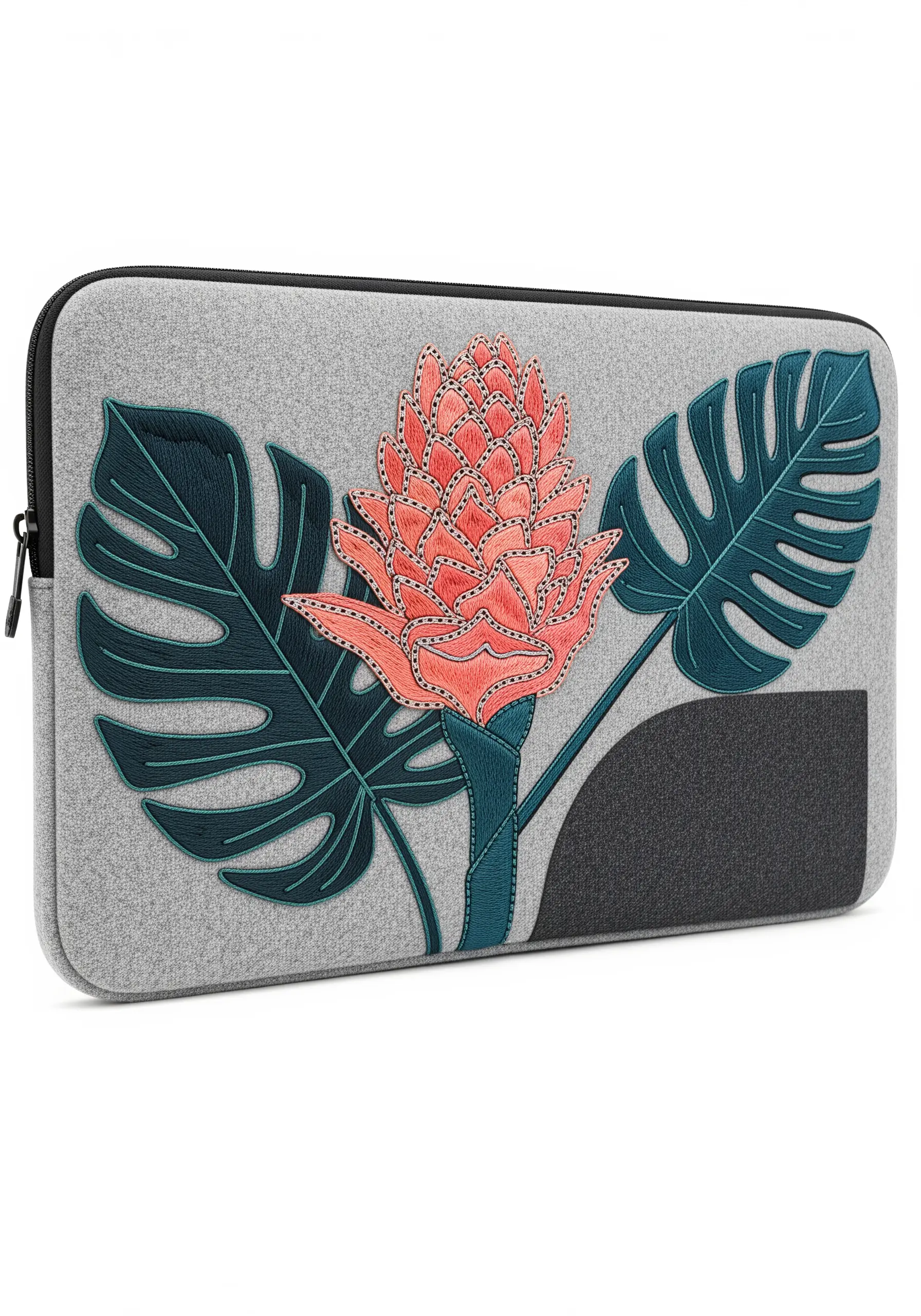 A gray felt laptop sleeve decorated with felt appliqué Monstera leaves and an embroidered flower.