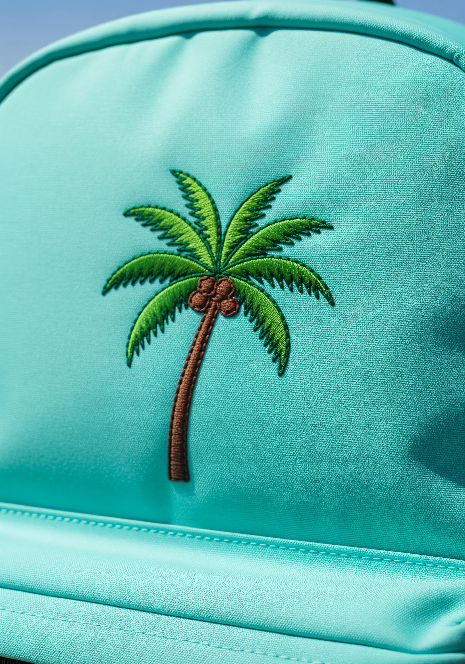 A palm tree with green satin-stitched leaves embroidered on a turquoise backpack.