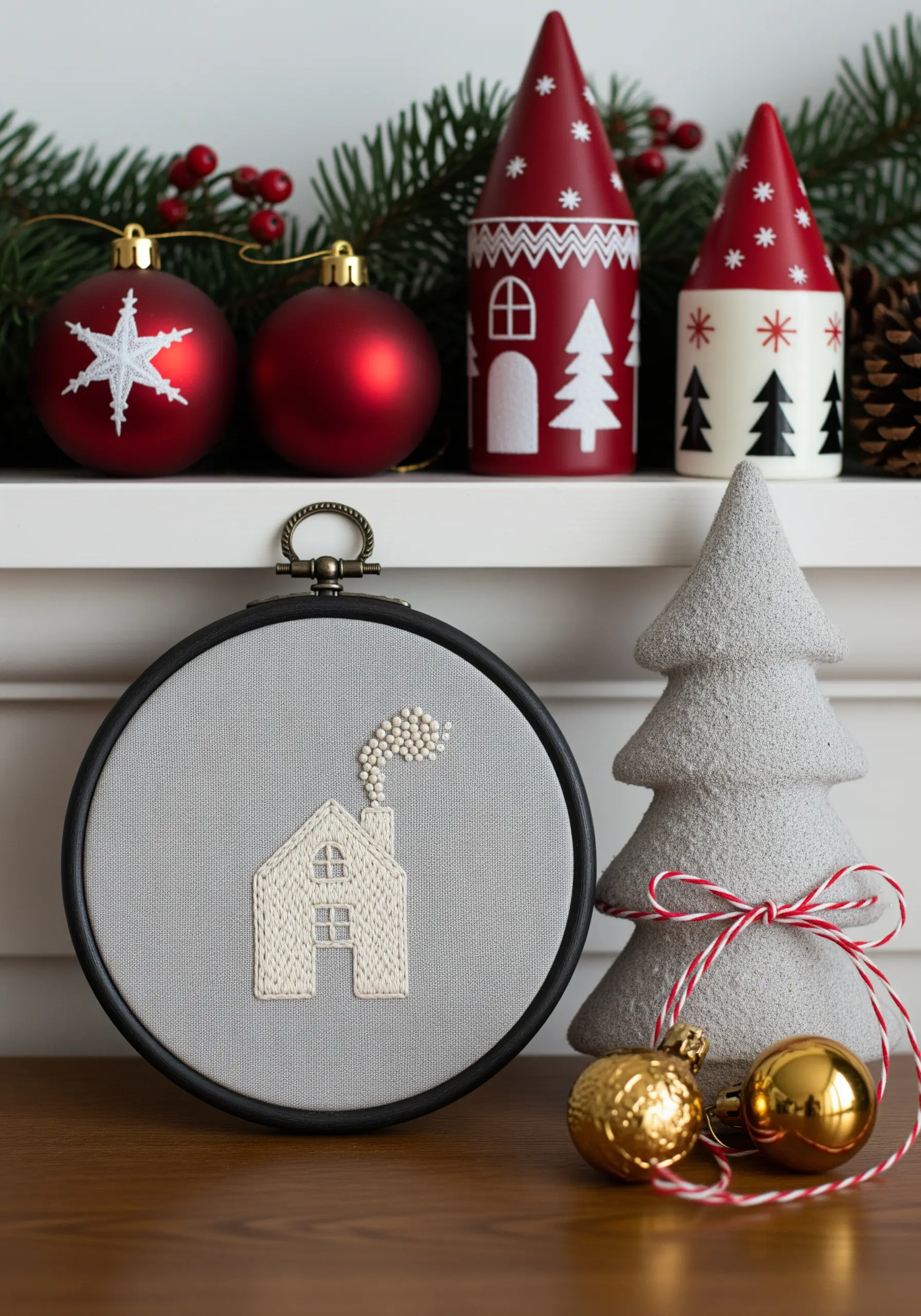 Embroidered house with satin stitch walls and French knot smoke in a hoop.