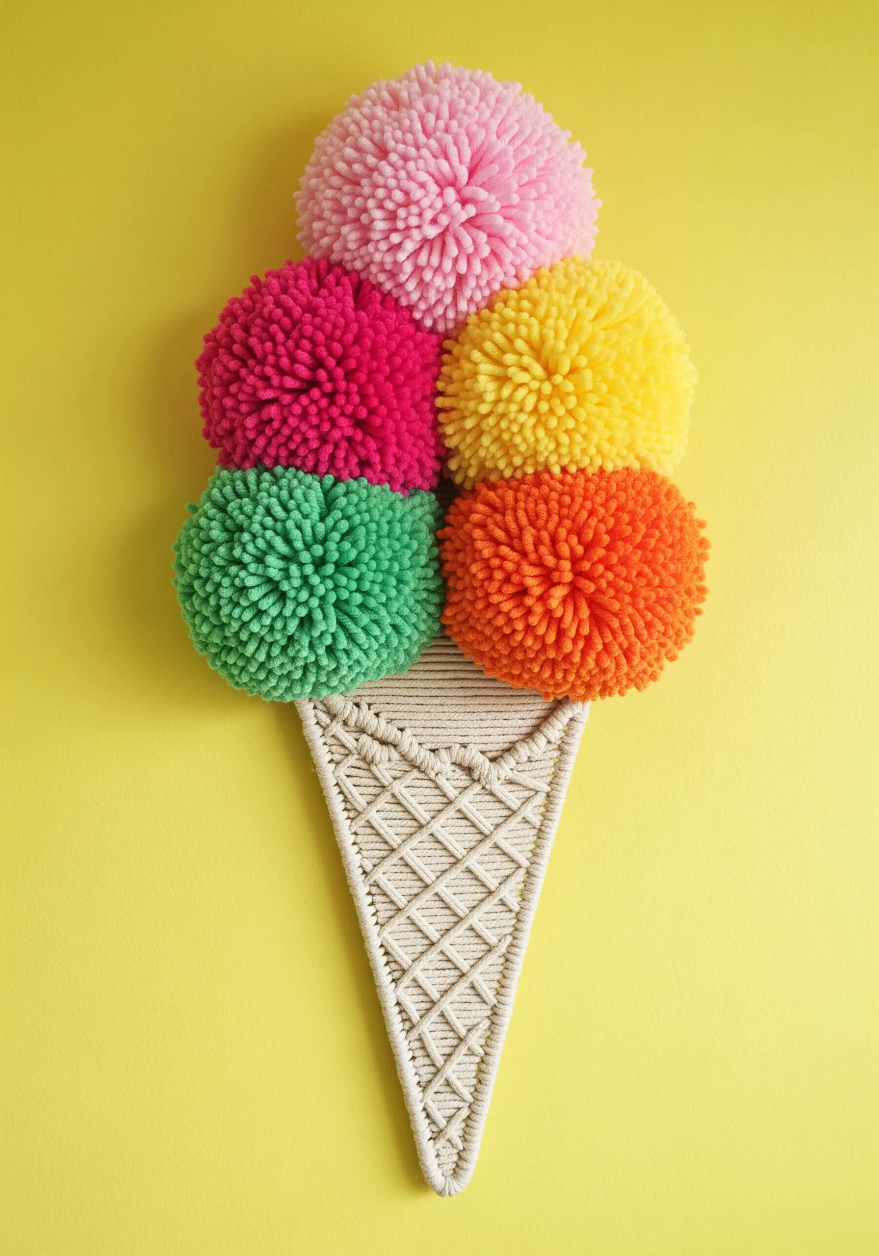 Wall art shaped like an ice cream cone, with a macrame cone and colorful yarn pom-pom scoops.