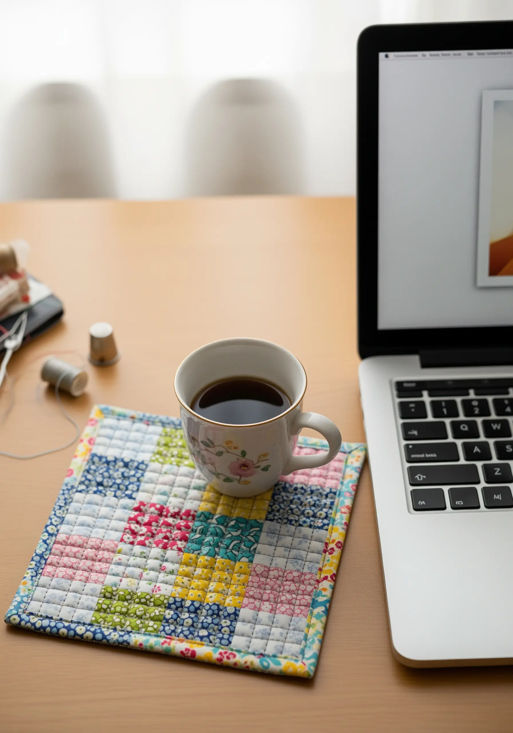 A colorful patchwork mug rug hand-quilted with simple running stitches.