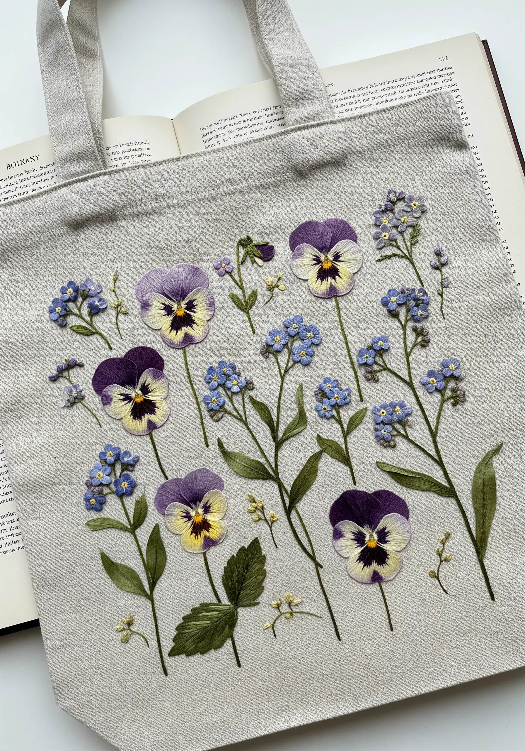 A mix of real pressed pansies and embroidered stems and leaves on a linen tote bag