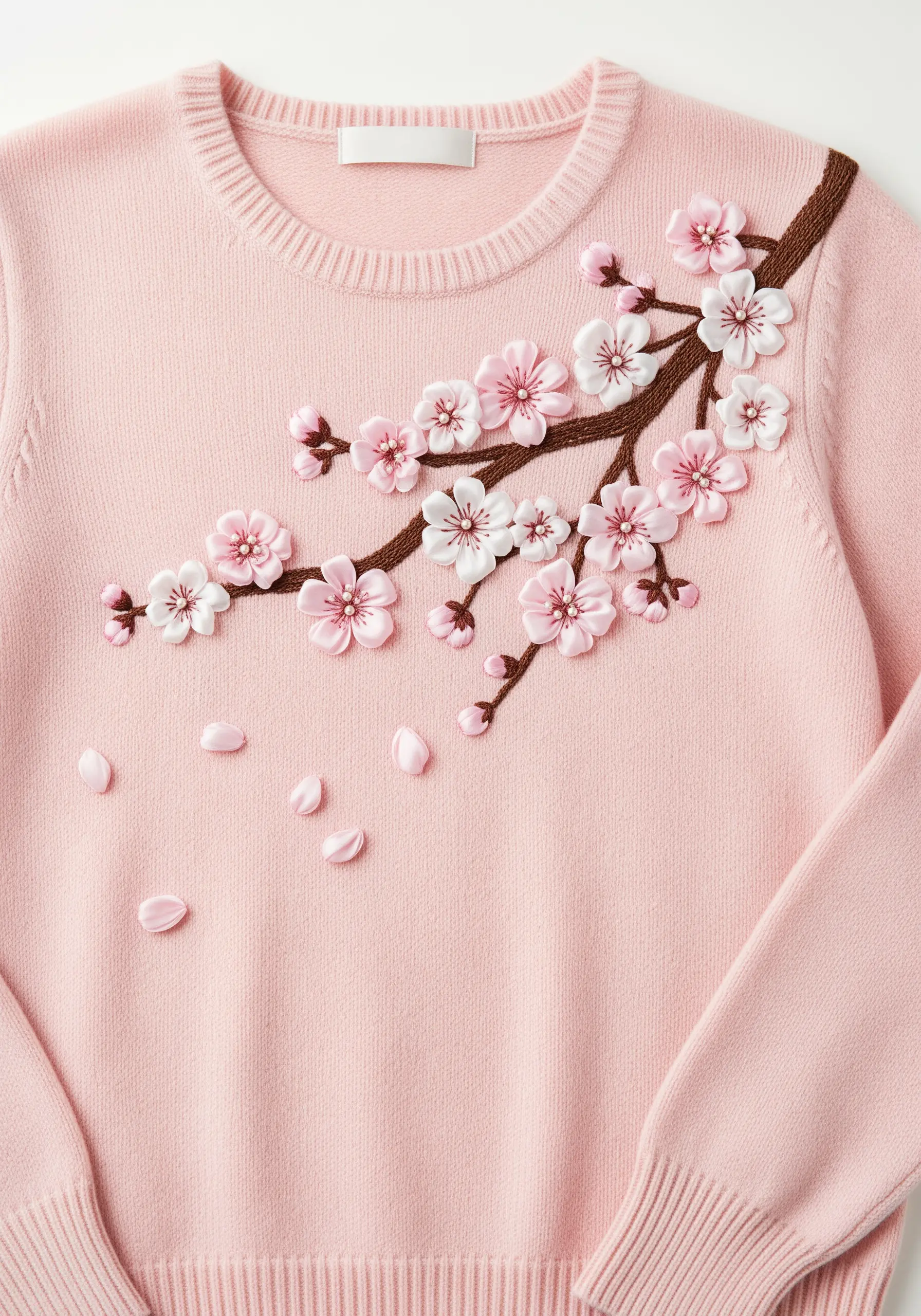 Cherry blossom branch on a pink sweater using silk ribbon for flowers and thread for branches.