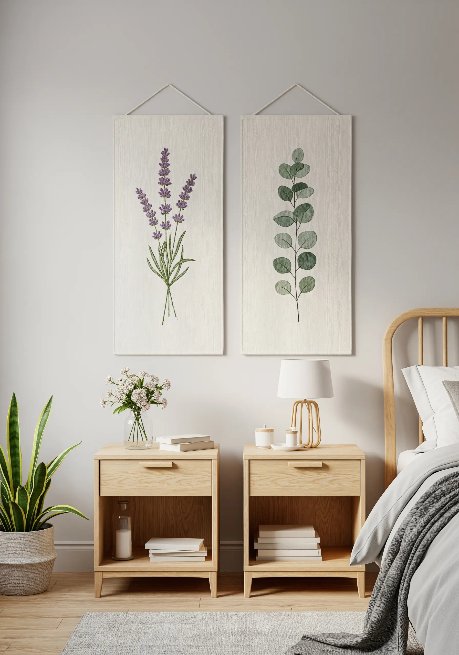 Two vertical wall hangings featuring embroidered lavender and eucalyptus sprigs above nightstands.