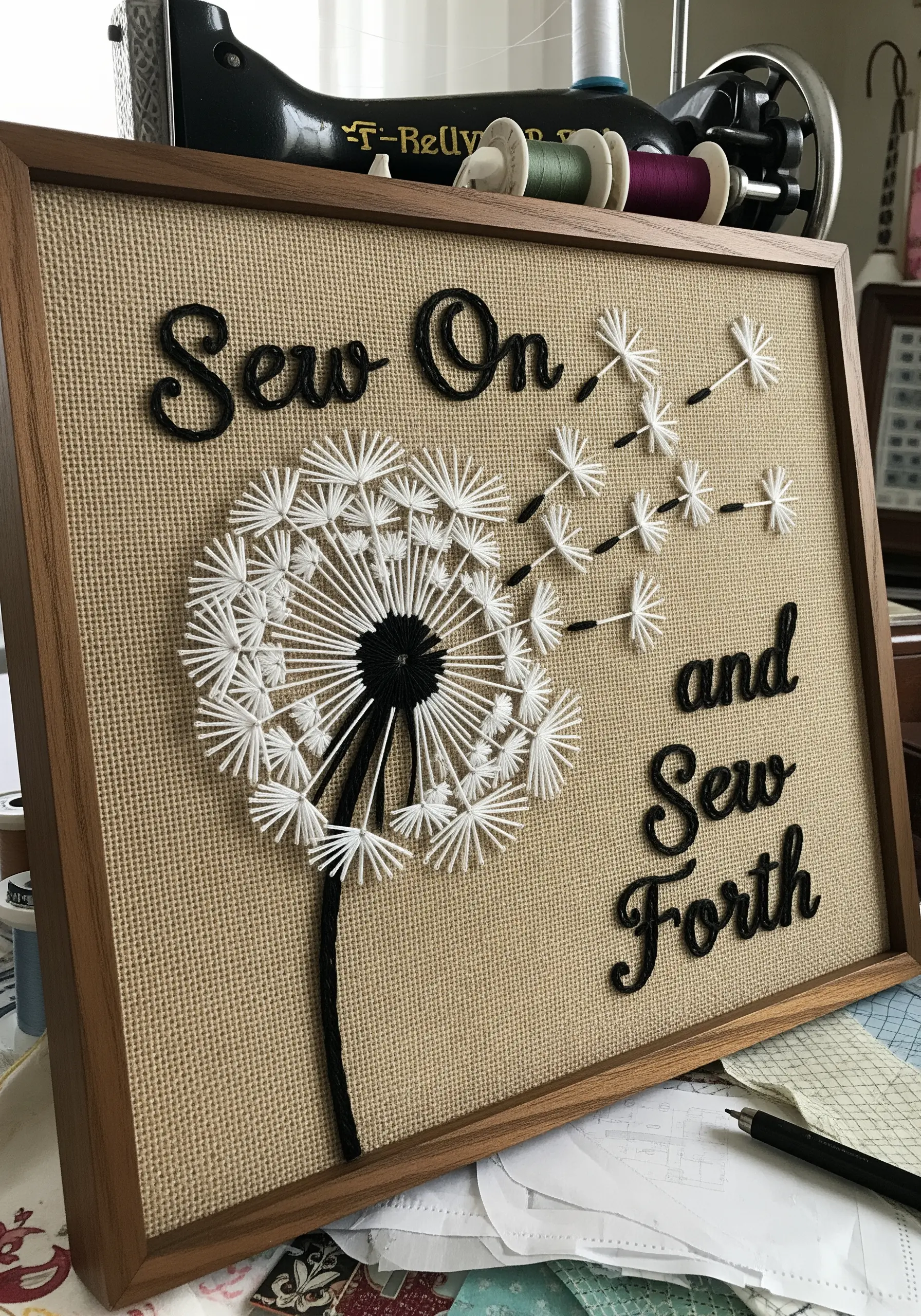 String art dandelion on burlap with embroidered seeds and the quote 'Sew On and Sew Forth.'