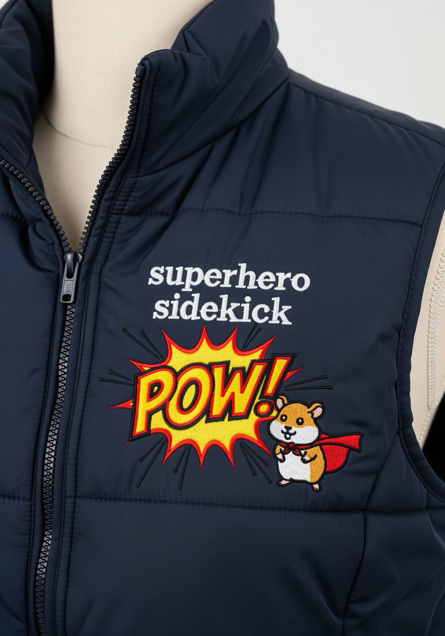 A superhero hamster with a cape next to the word 'POW!' embroidered on a dark blue puffer vest