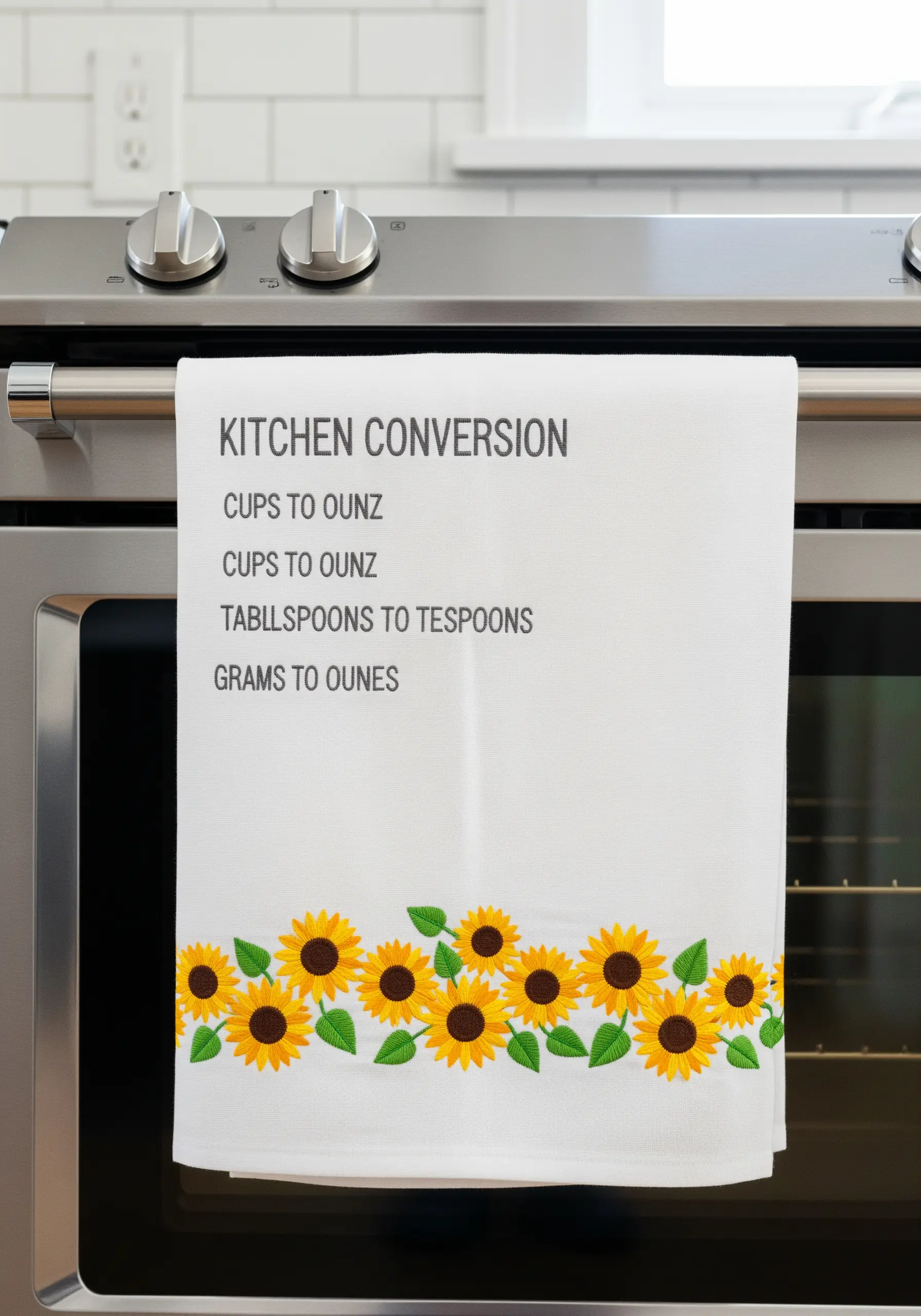 A white kitchen towel with a sunflower border at the bottom and an embroidered kitchen conversion chart above