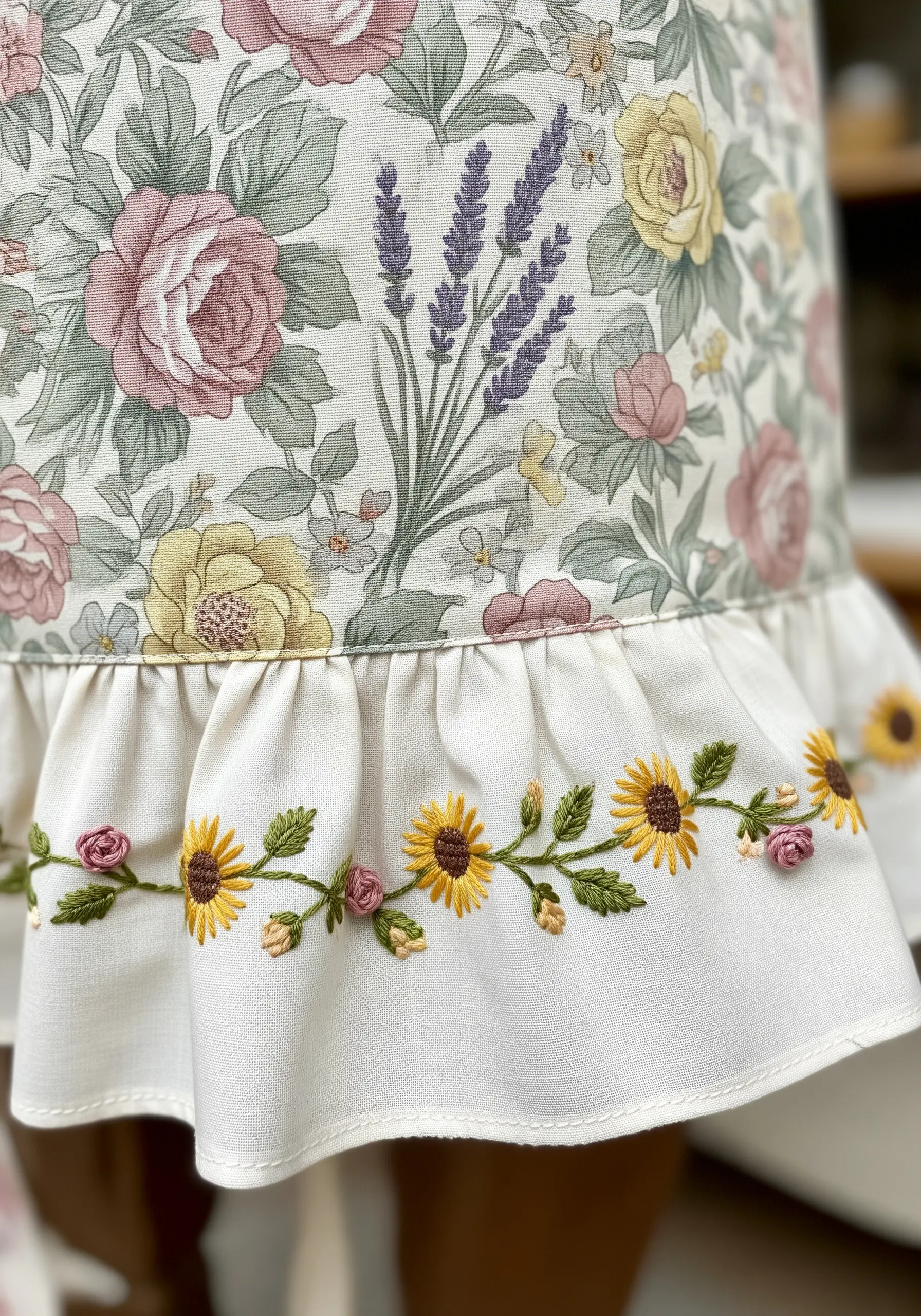 A floral apron with a white ruffle hem featuring a delicate embroidered border of sunflowers and roses