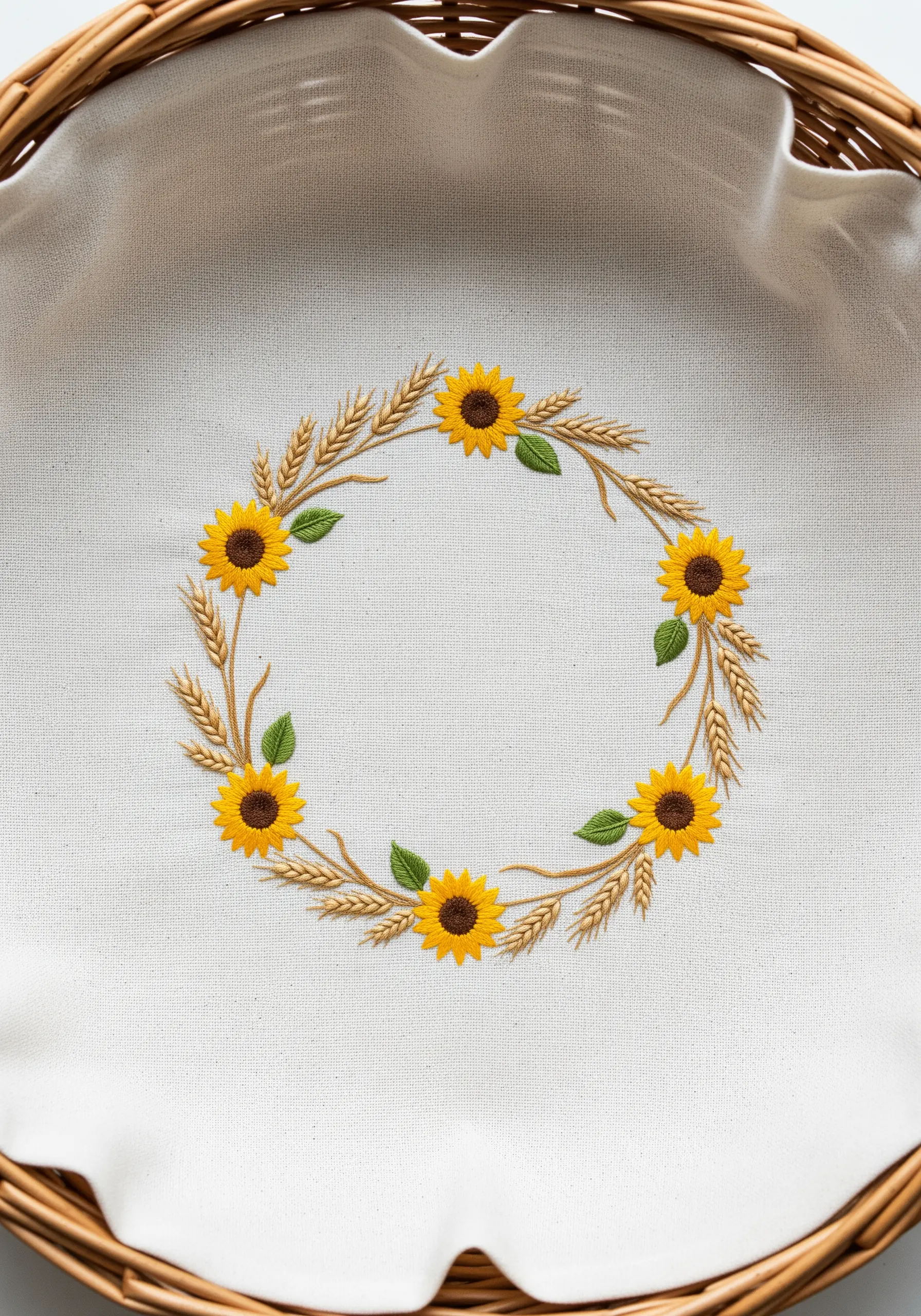 Embroidered wreath combining small sunflowers and delicate stalks of wheat on white fabric.