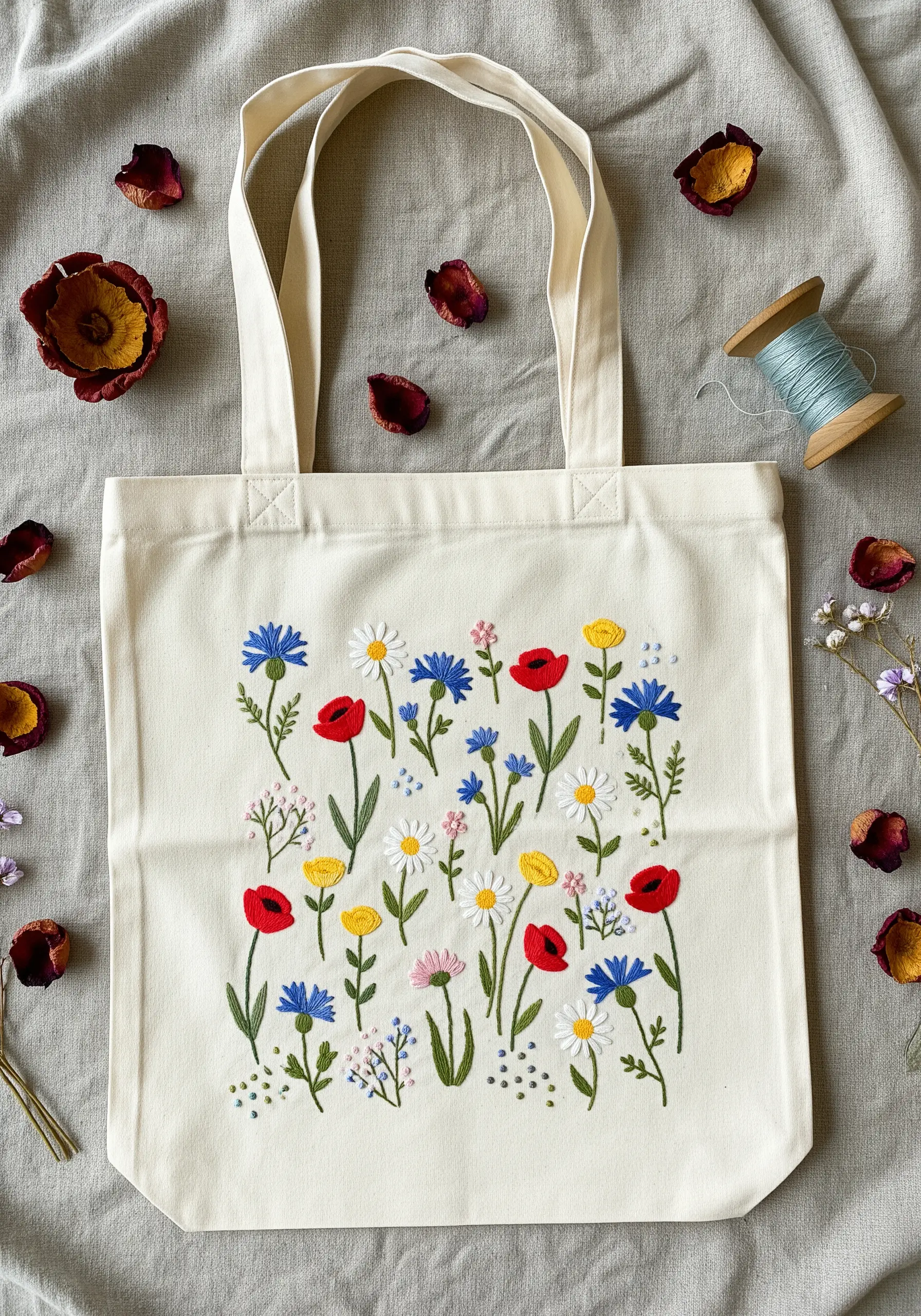 A scattered pattern of colorful embroidered wildflowers, including poppies and daisies, on a tote.