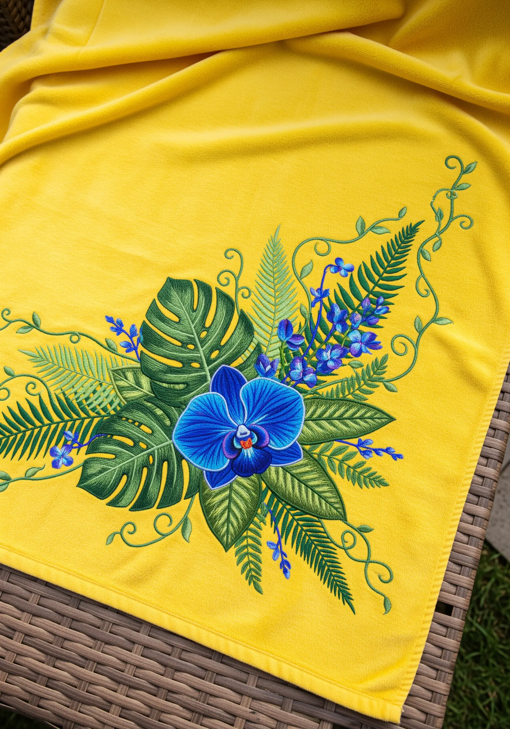 A lush bouquet of embroidered tropical leaves and a central blue orchid on a yellow towel.