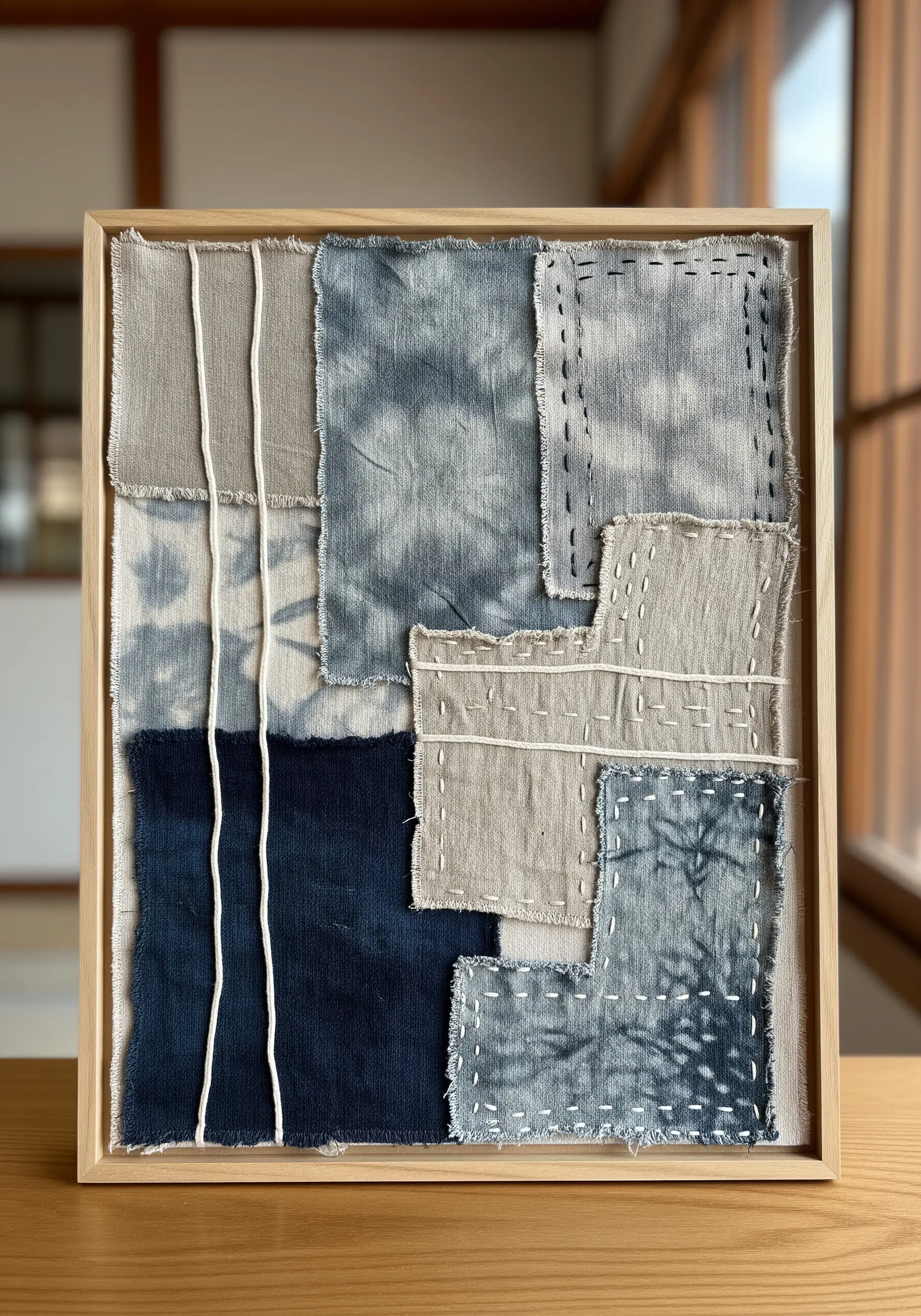 Framed textile art with layered indigo and gray fabric scraps joined by visible running stitches.