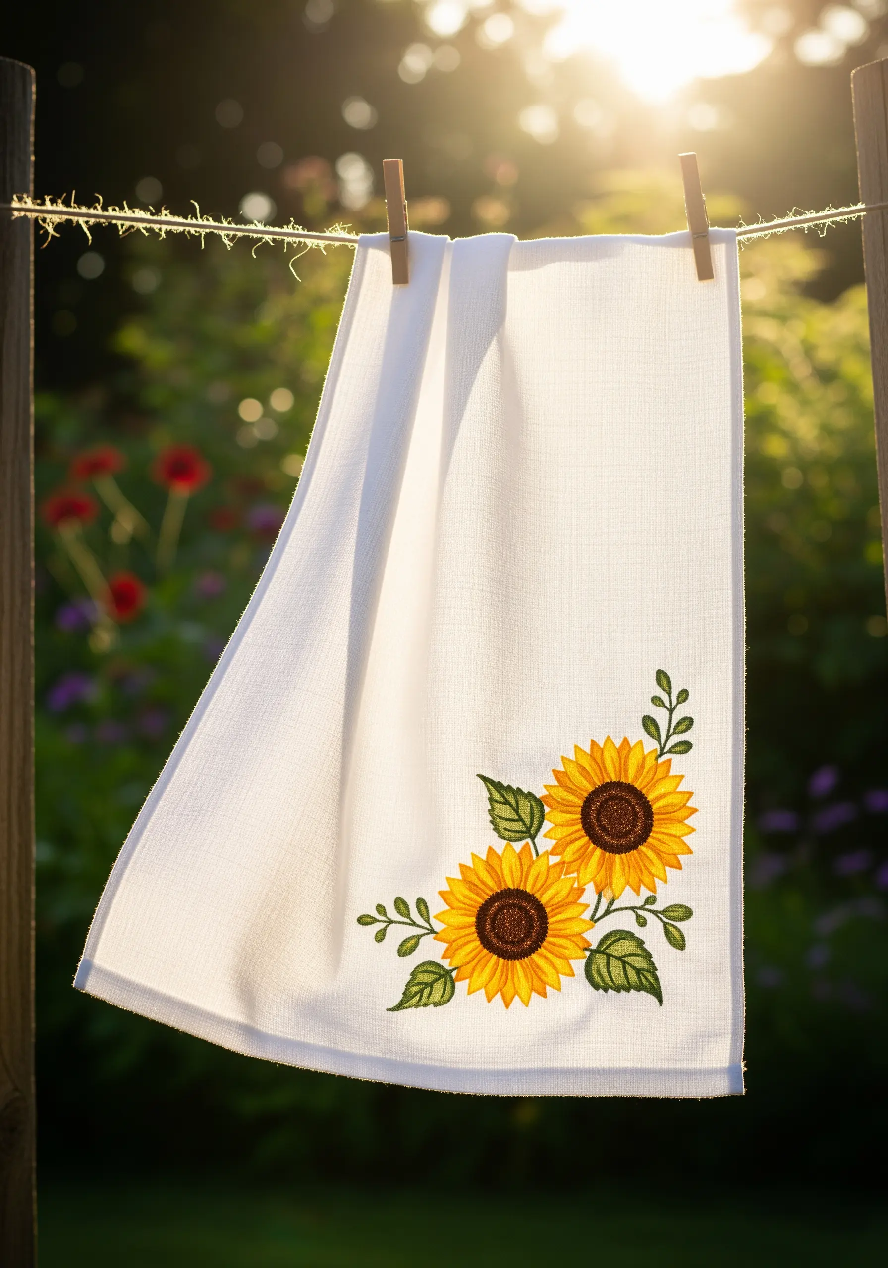Two embroidered sunflowers placed in the bottom corner of a white towel hanging on a clothesline