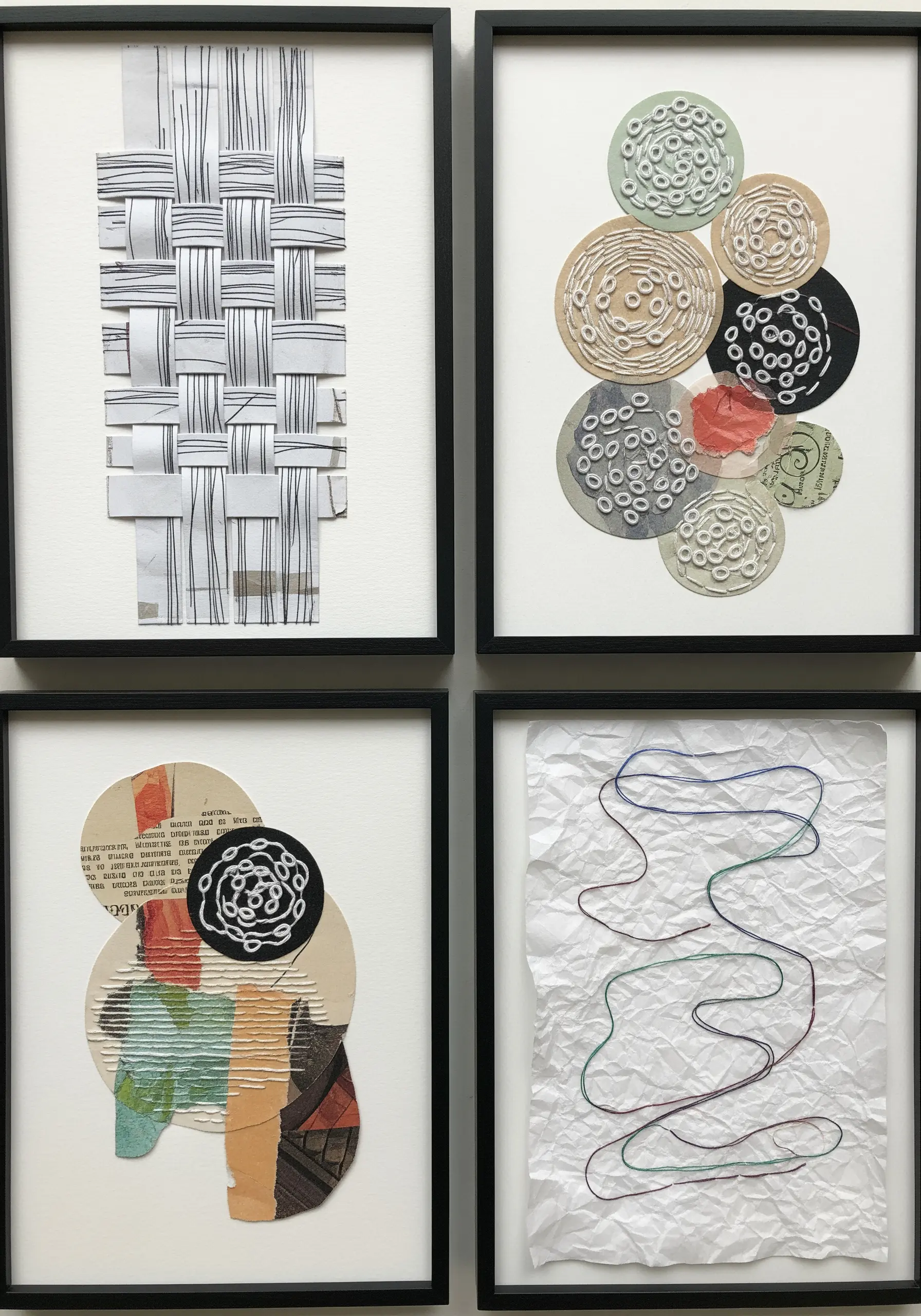 Four framed artworks showcasing abstract studies in paper weaving, collage, and minimalist stitching.