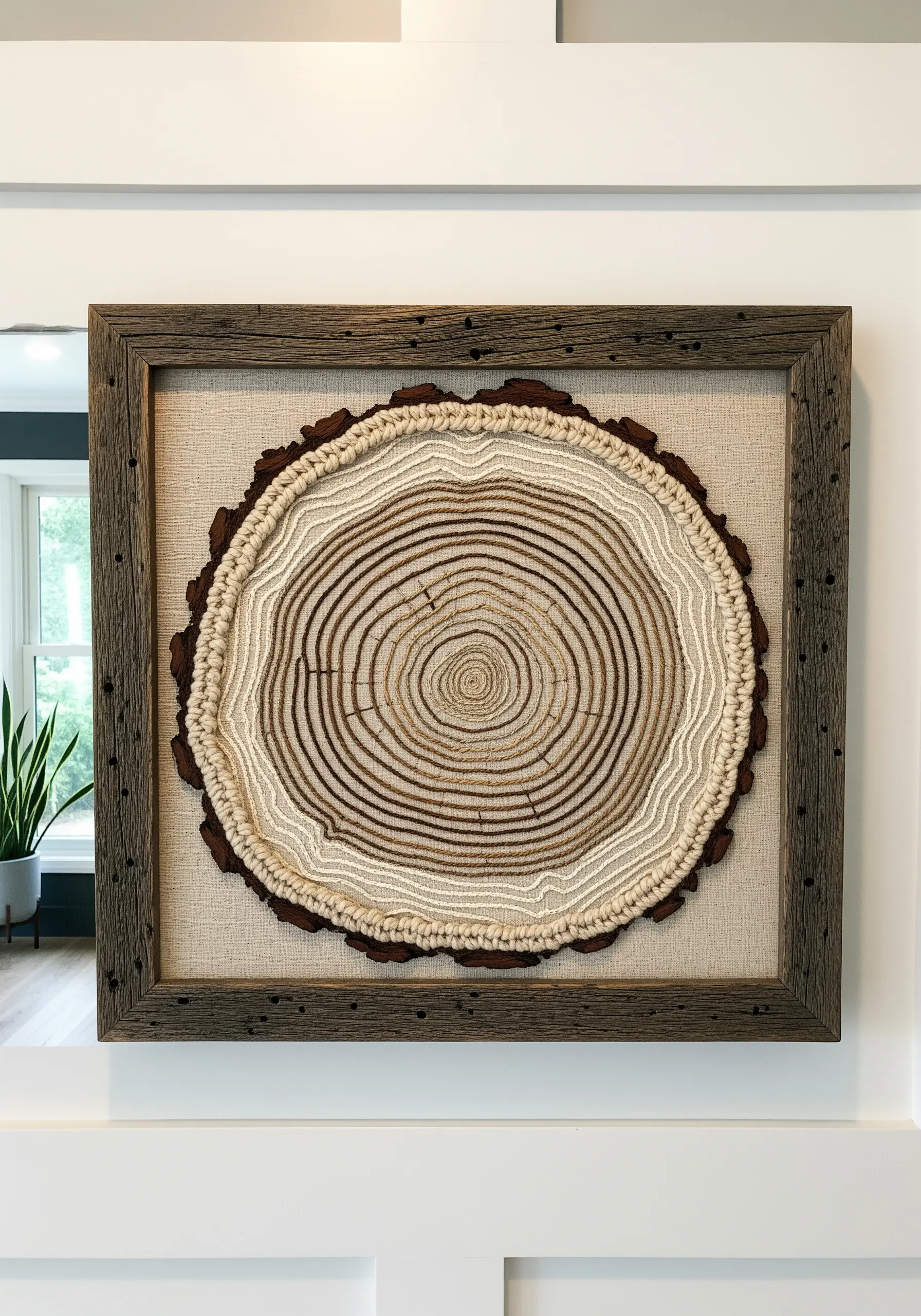 Framed embroidery of a tree's cross-section, using couched cords for the rings.