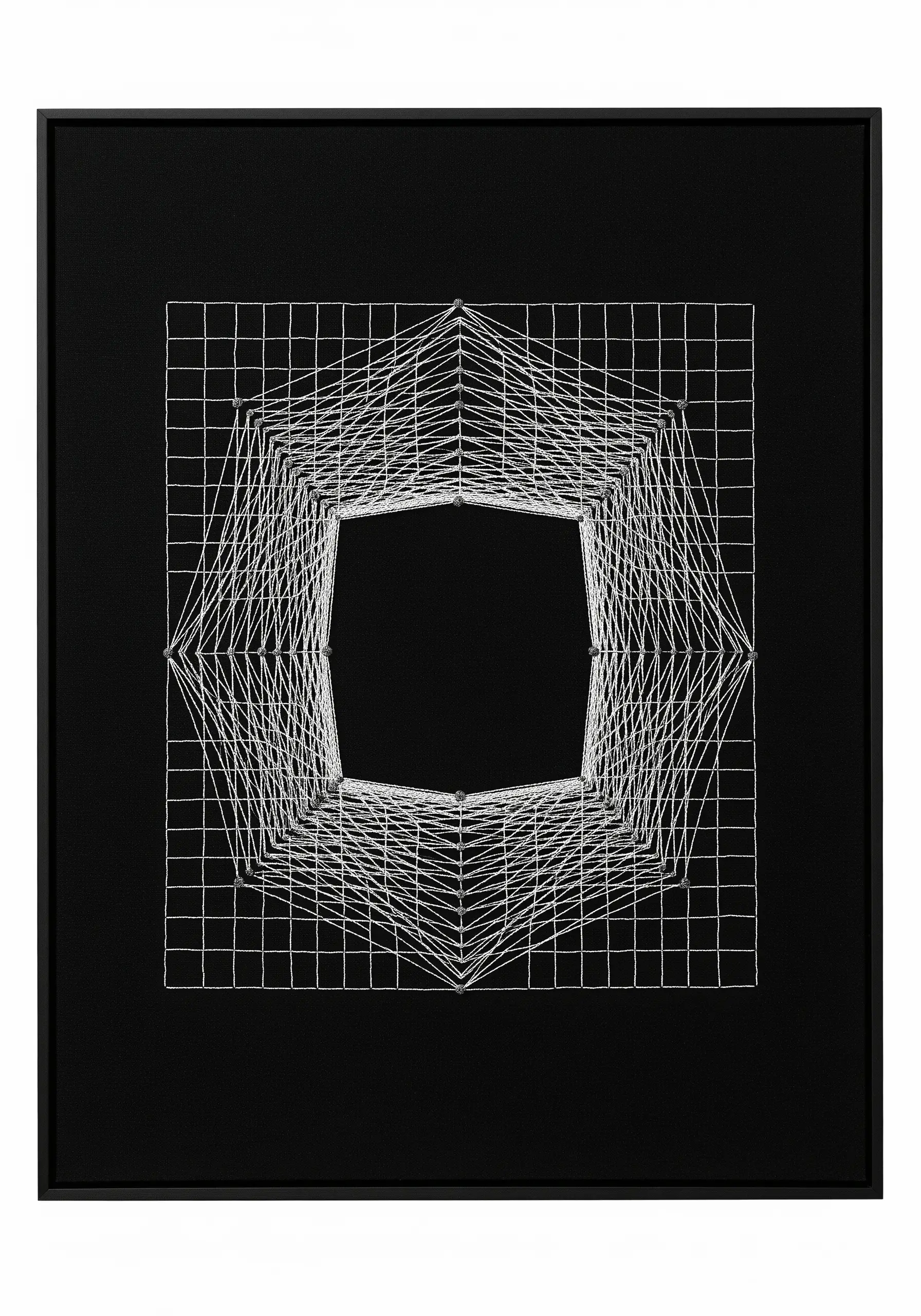 White thread stretched across a black grid, creating a complex, geometric 3D shape.