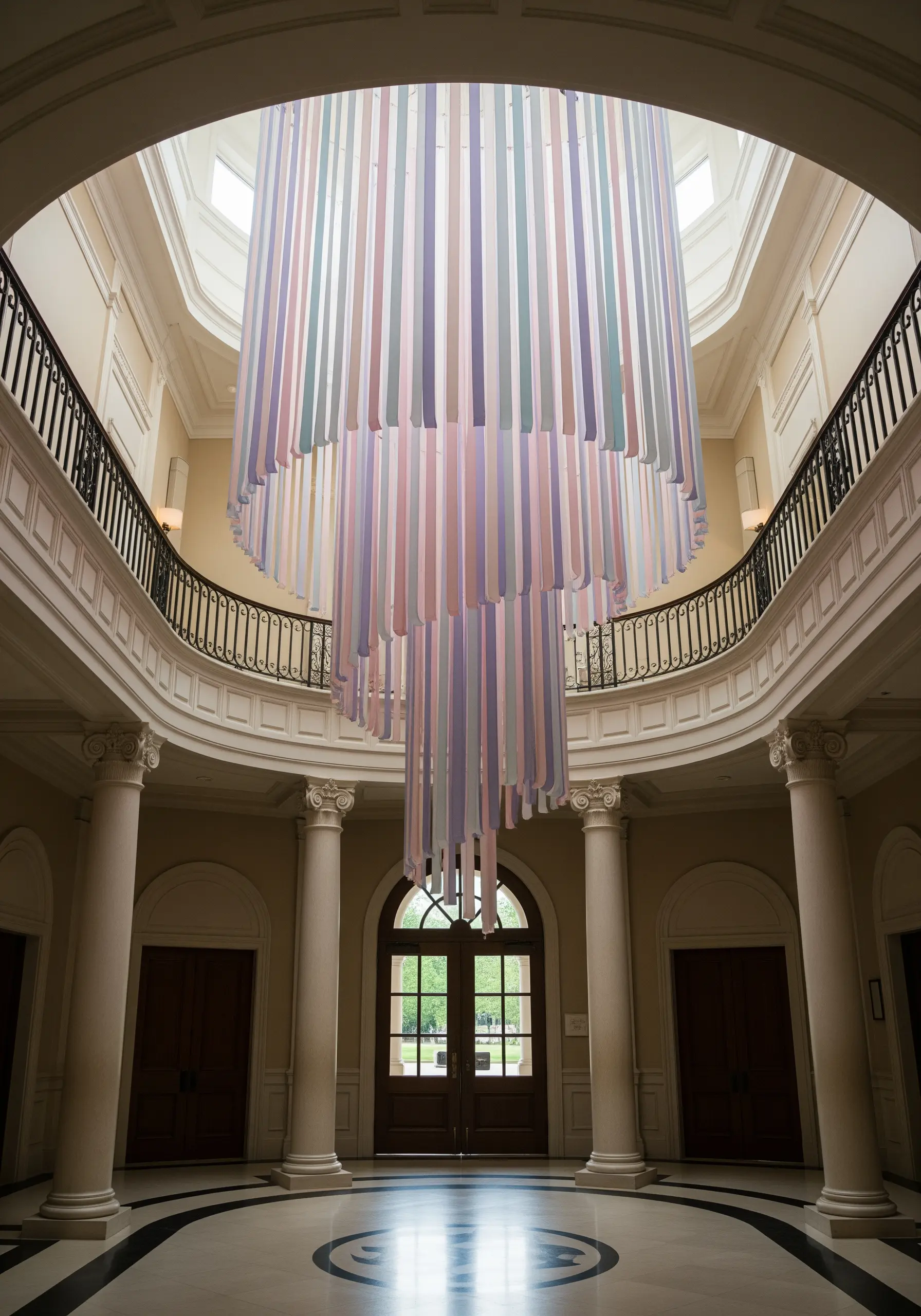 A massive chandelier made of pastel-colored ribbons hanging in a grand, multi-story entryway.