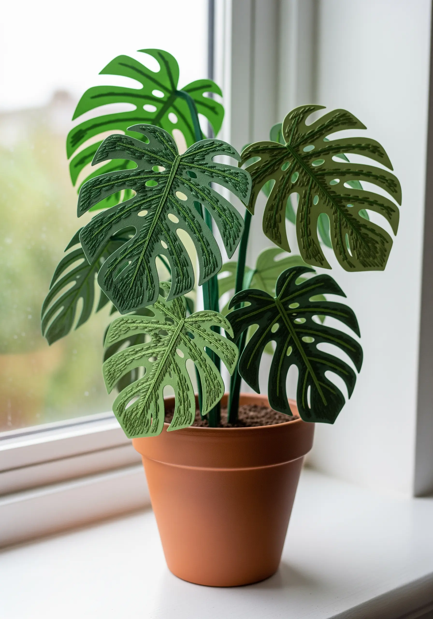 A realistic-looking faux Monstera plant made from paper leaves with detailed green stitching.