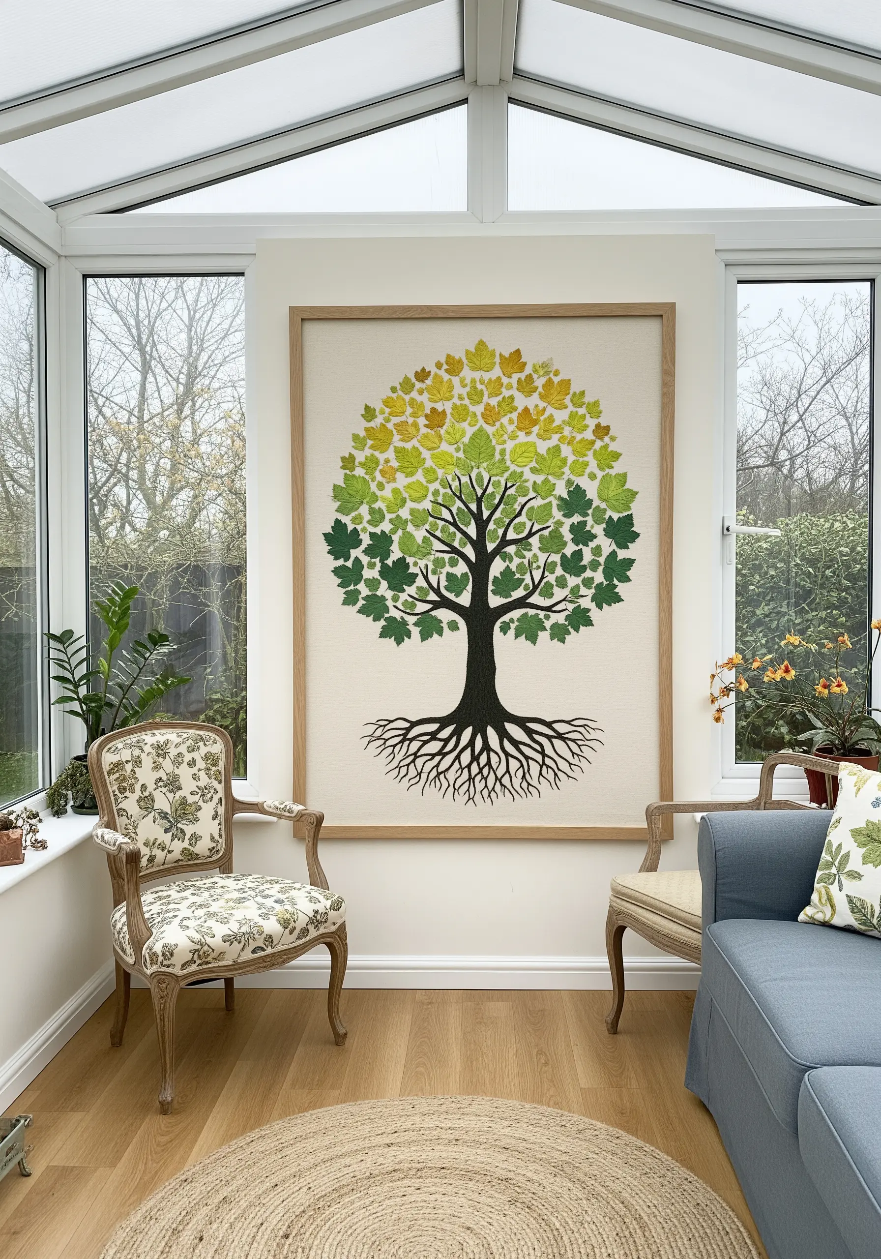 Large framed embroidery of a tree with leaves in a yellow-to-green gradient