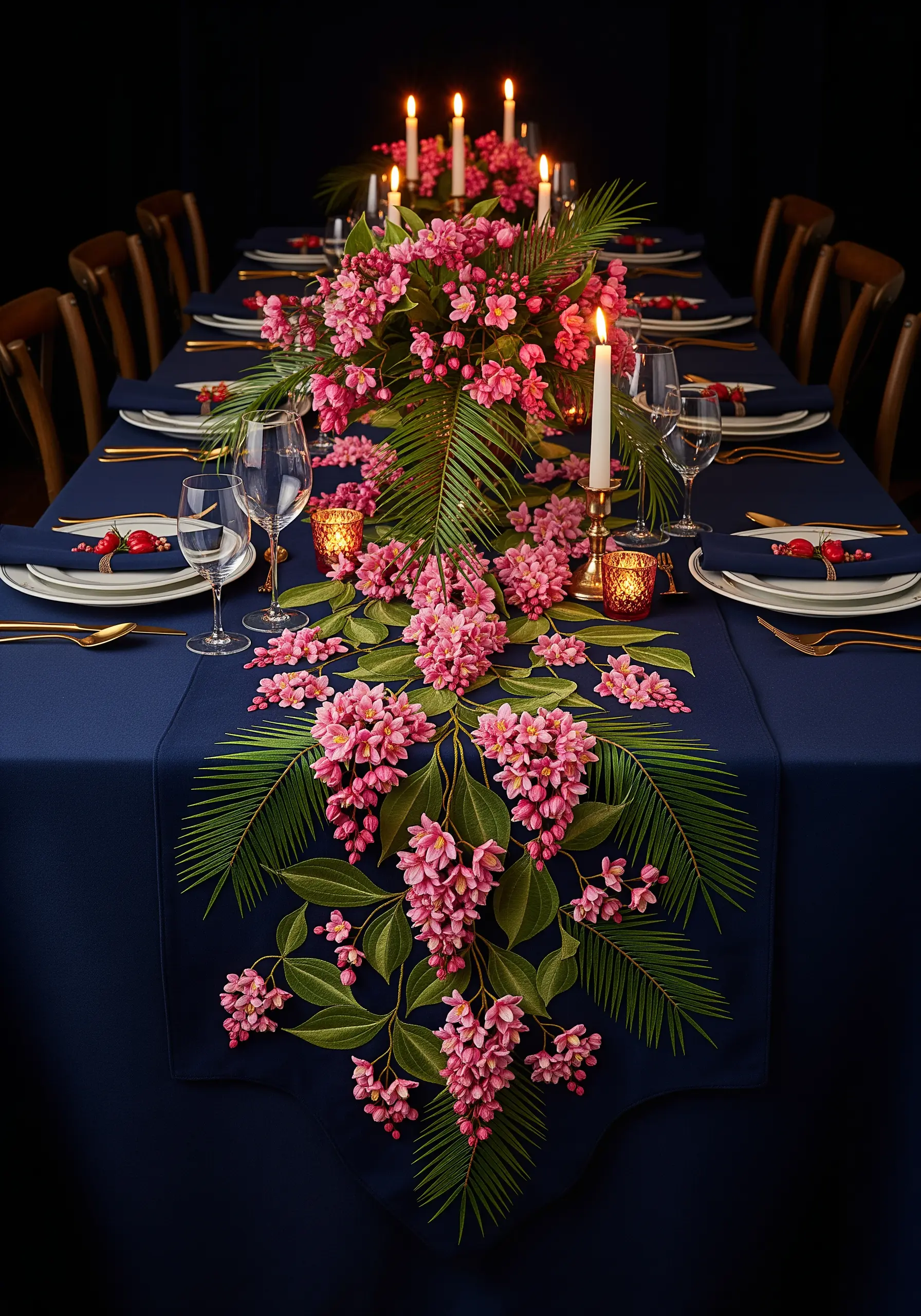A luxurious navy blue table runner with a dense, cascading embroidery of pink flowers and leaves.