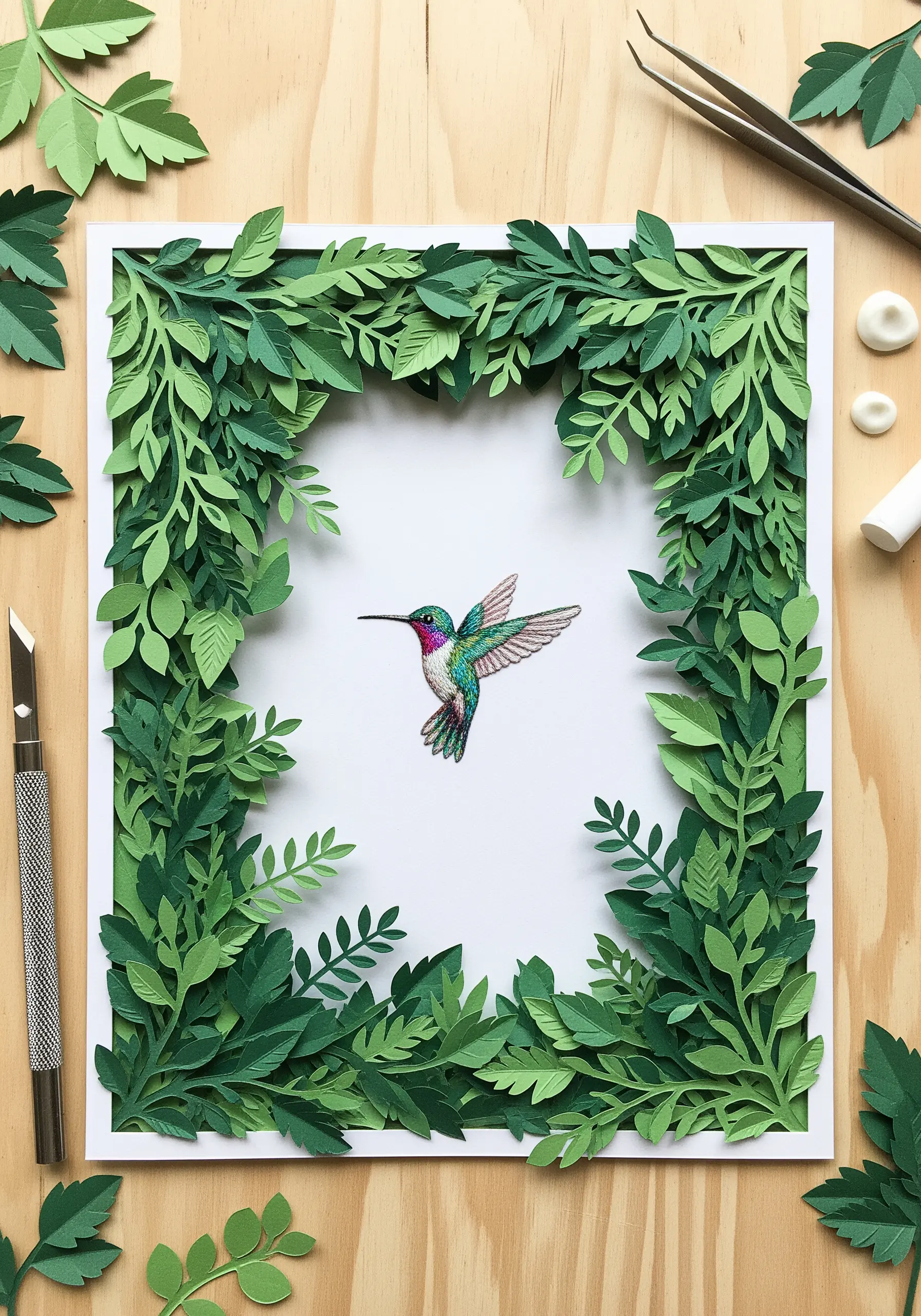 A detailed embroidered hummingbird centered in a deep frame made of layered, hand-cut green paper leaves.
