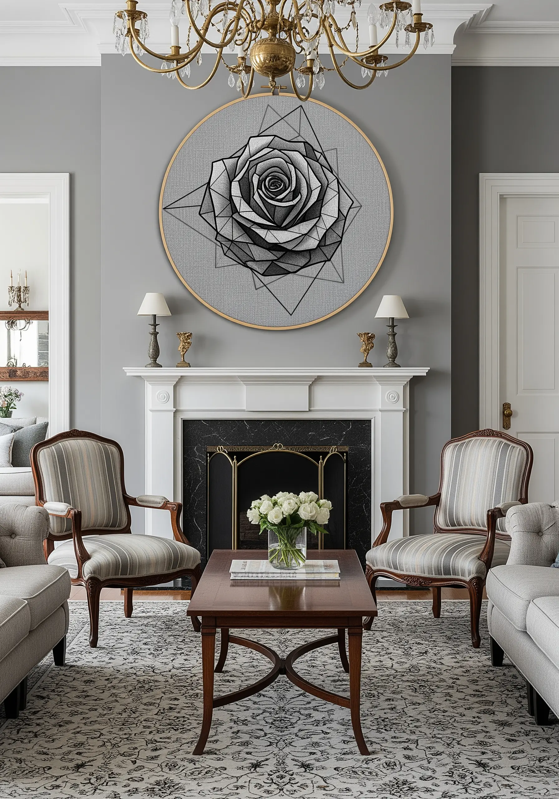 A large, geometric rose embroidered in black, white, and gray tones