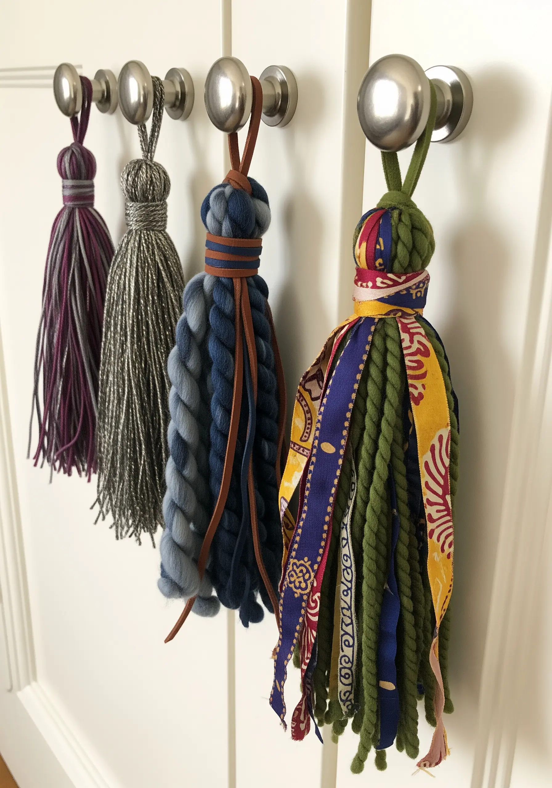Four large, ornate tassels made from layered yarns, ropes, ribbons, and metallic threads.
