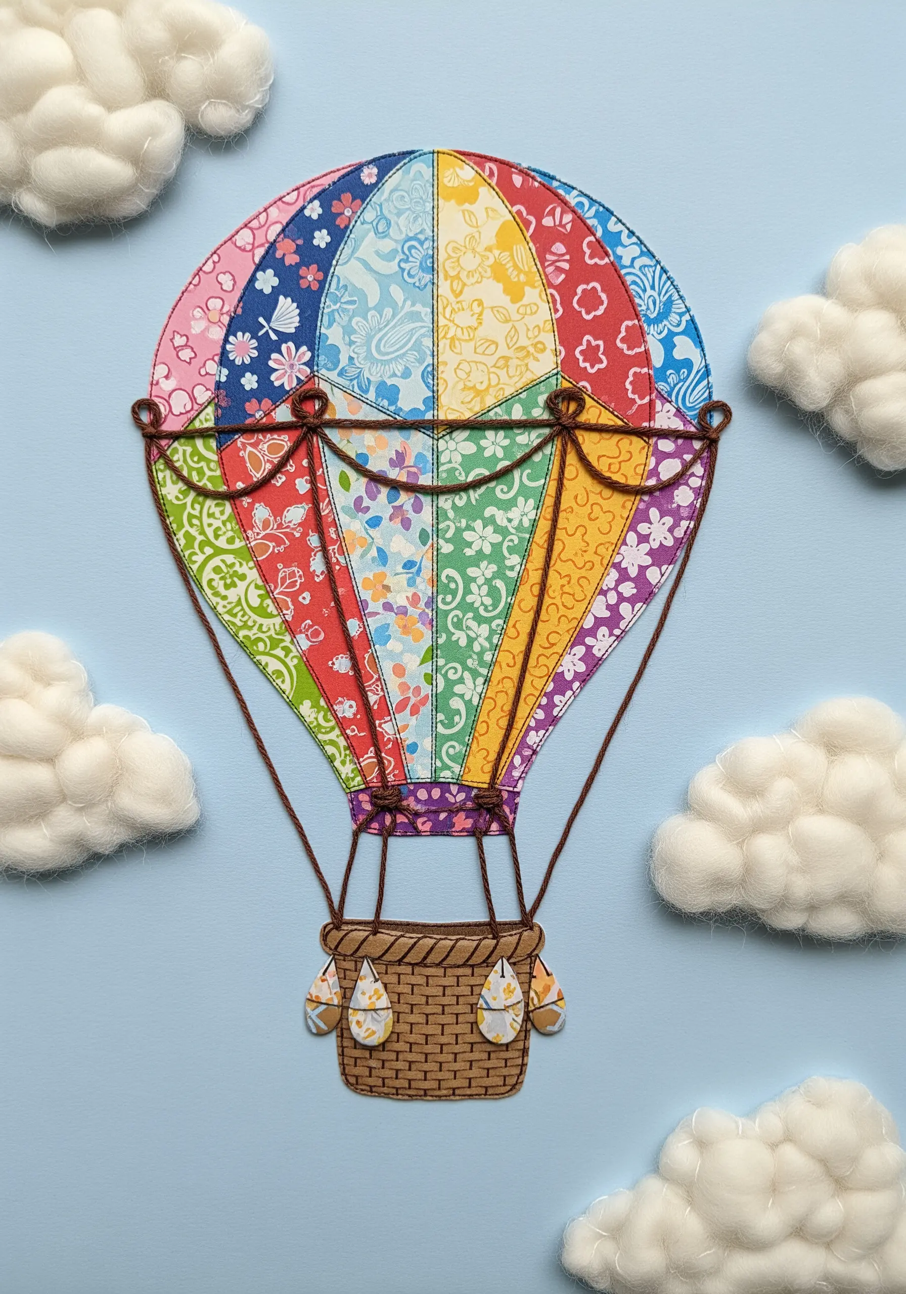 Hot air balloon made from colorful patterned paper scraps with embroidered brown outlines.