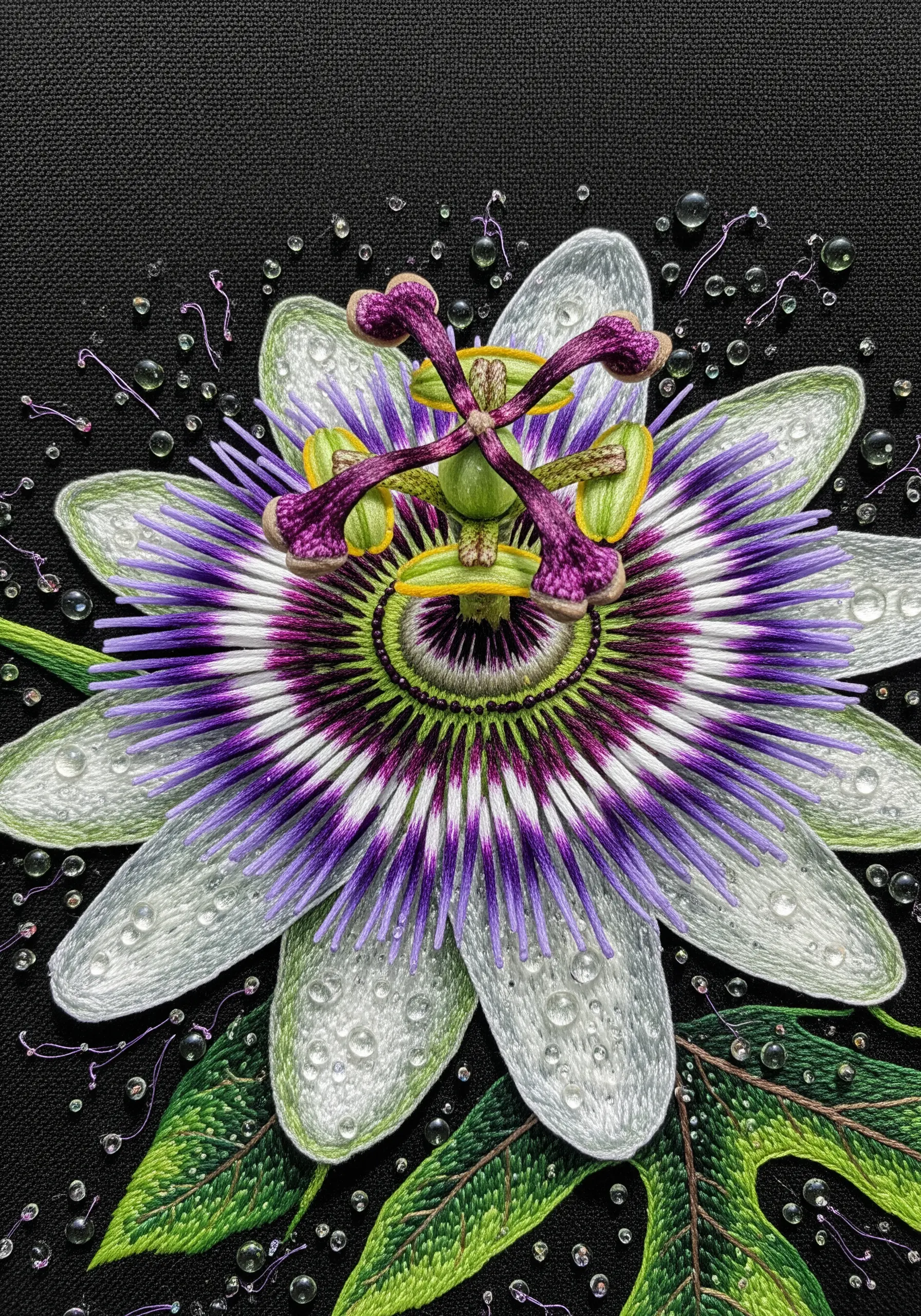 An intricate, multi-layered passionflower embroidery with fine details on a black background.