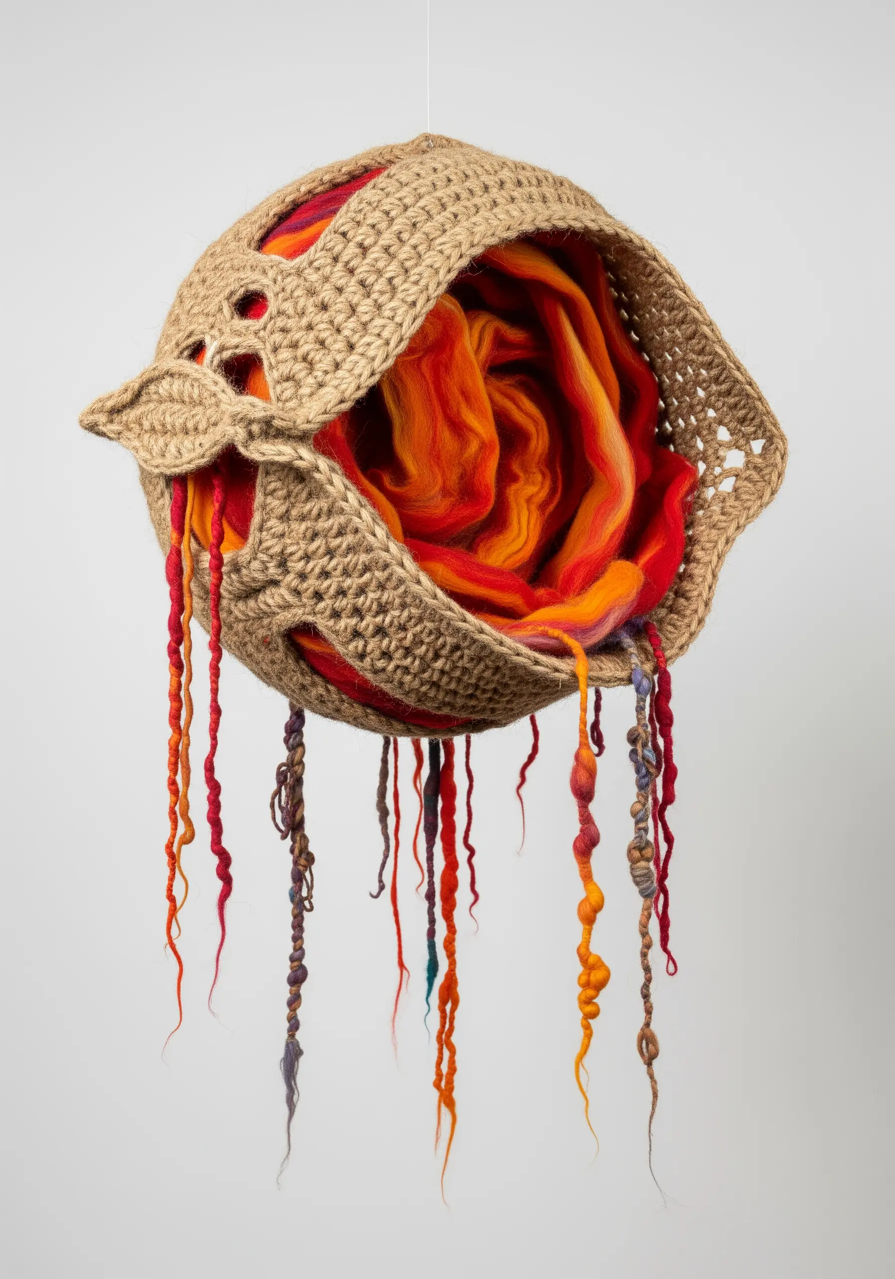 A crocheted jute vessel holding a swirl of fiery orange and red wool roving.