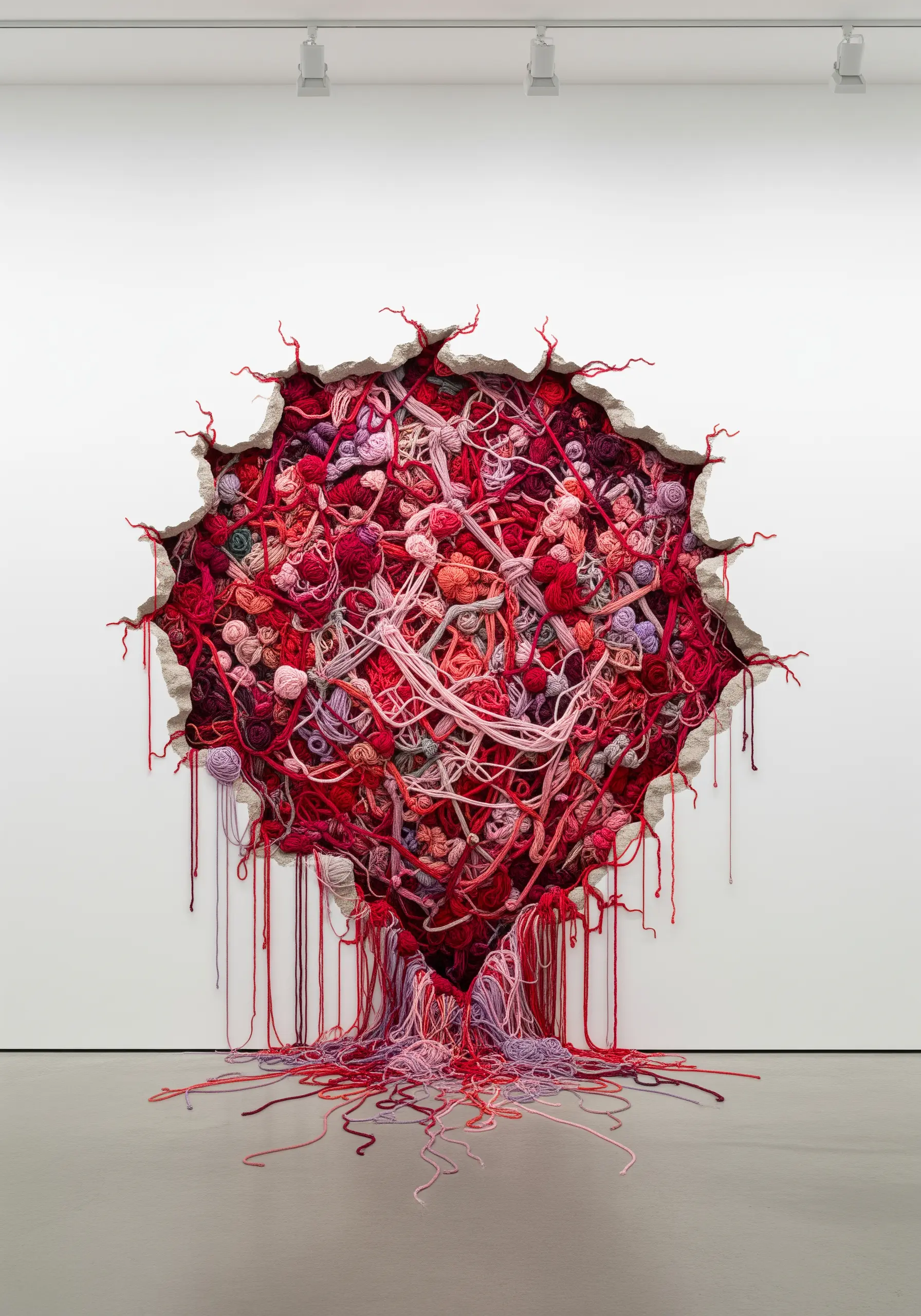 A hole in a white wall reveals a dense, chaotic tangle of red, pink, and purple yarn.