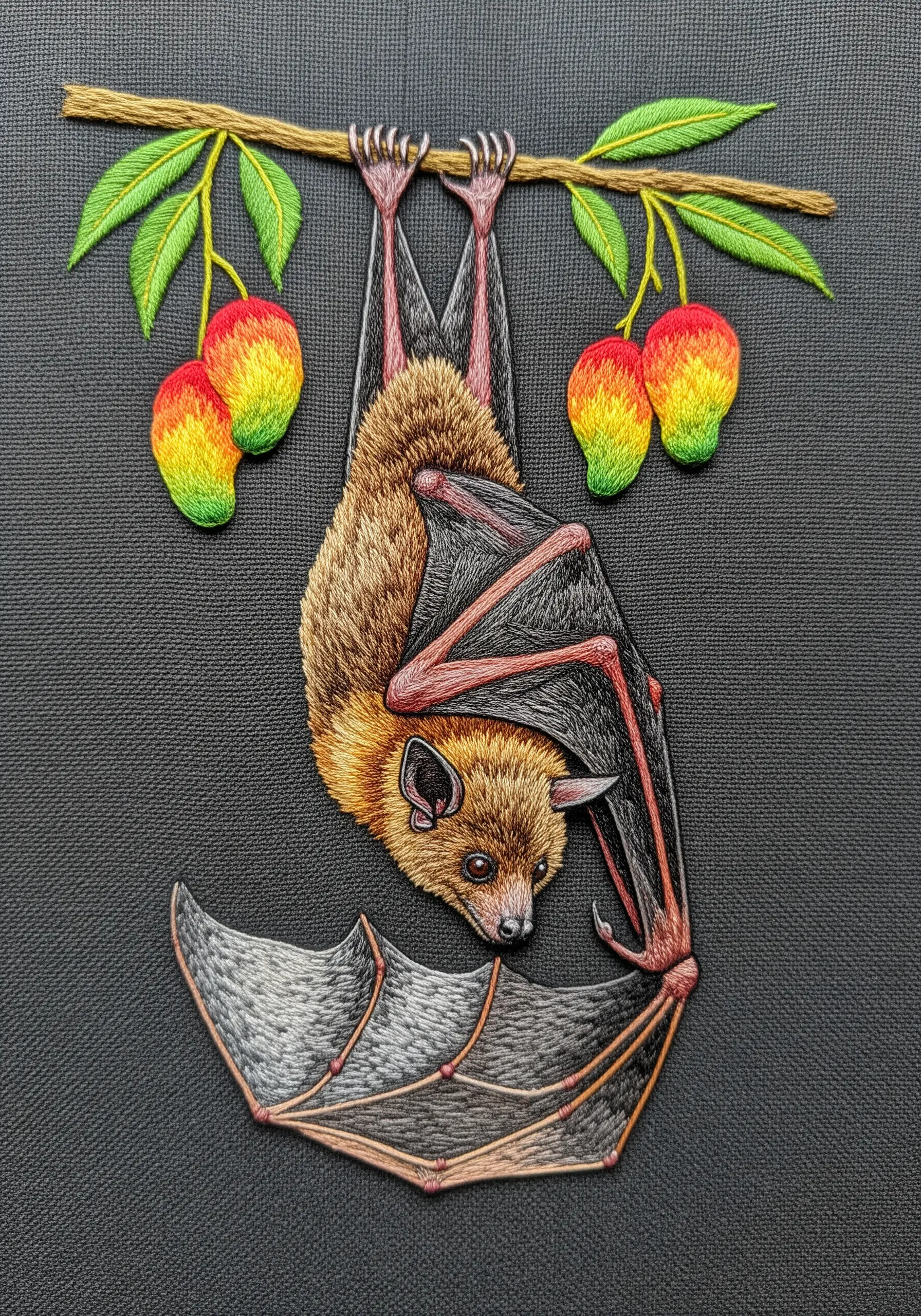 An embroidered bat with soft brown fur and smooth gray satin-stitched wings.