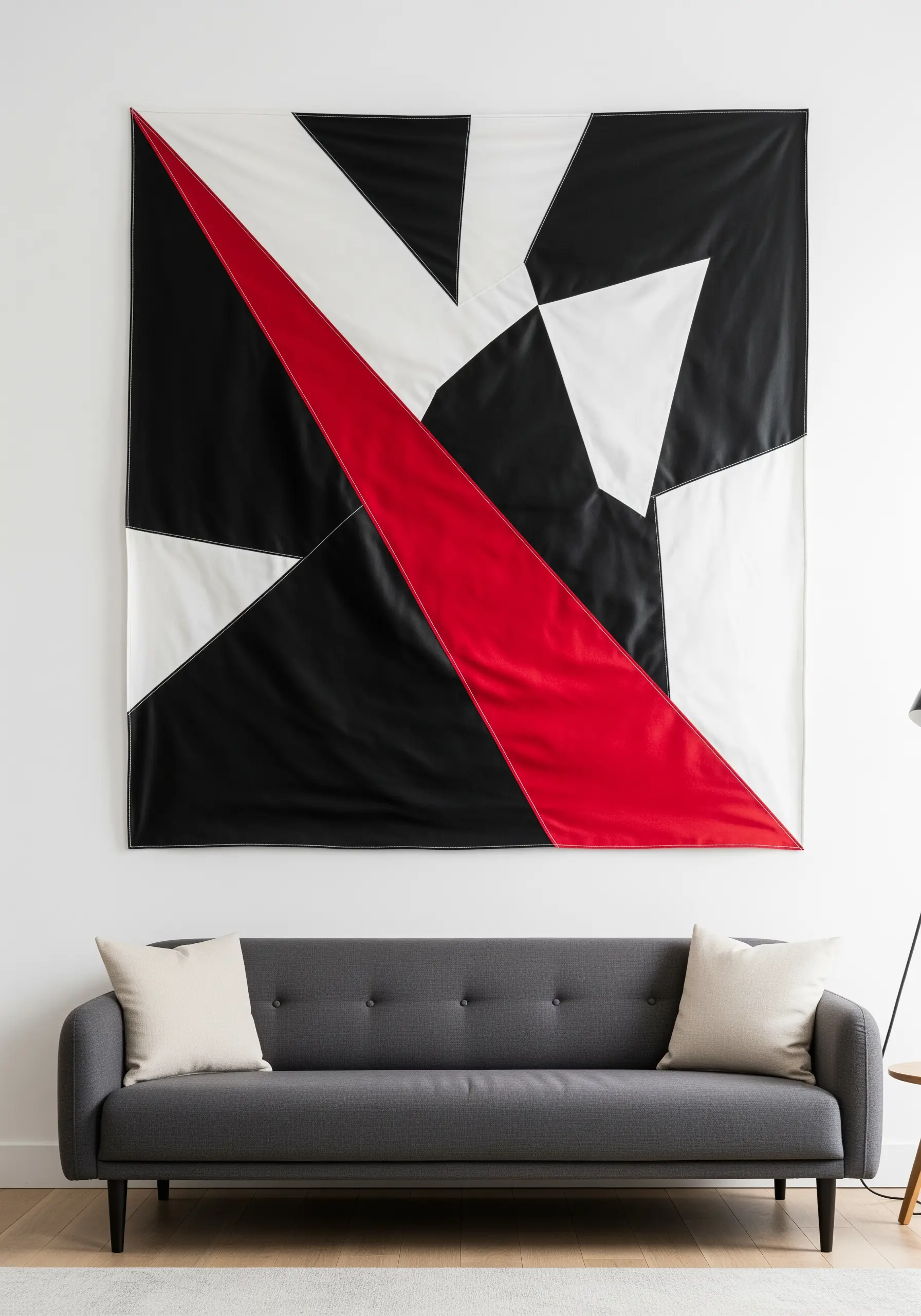 A bold abstract wall hanging made of black, white, and red faux leather pieces.