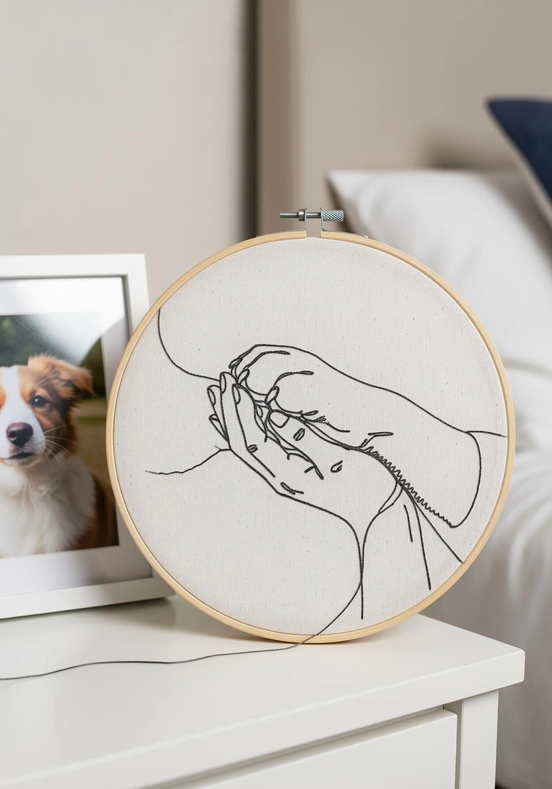 Delicate line art embroidery of hands holding a small paw, next to a photo frame.