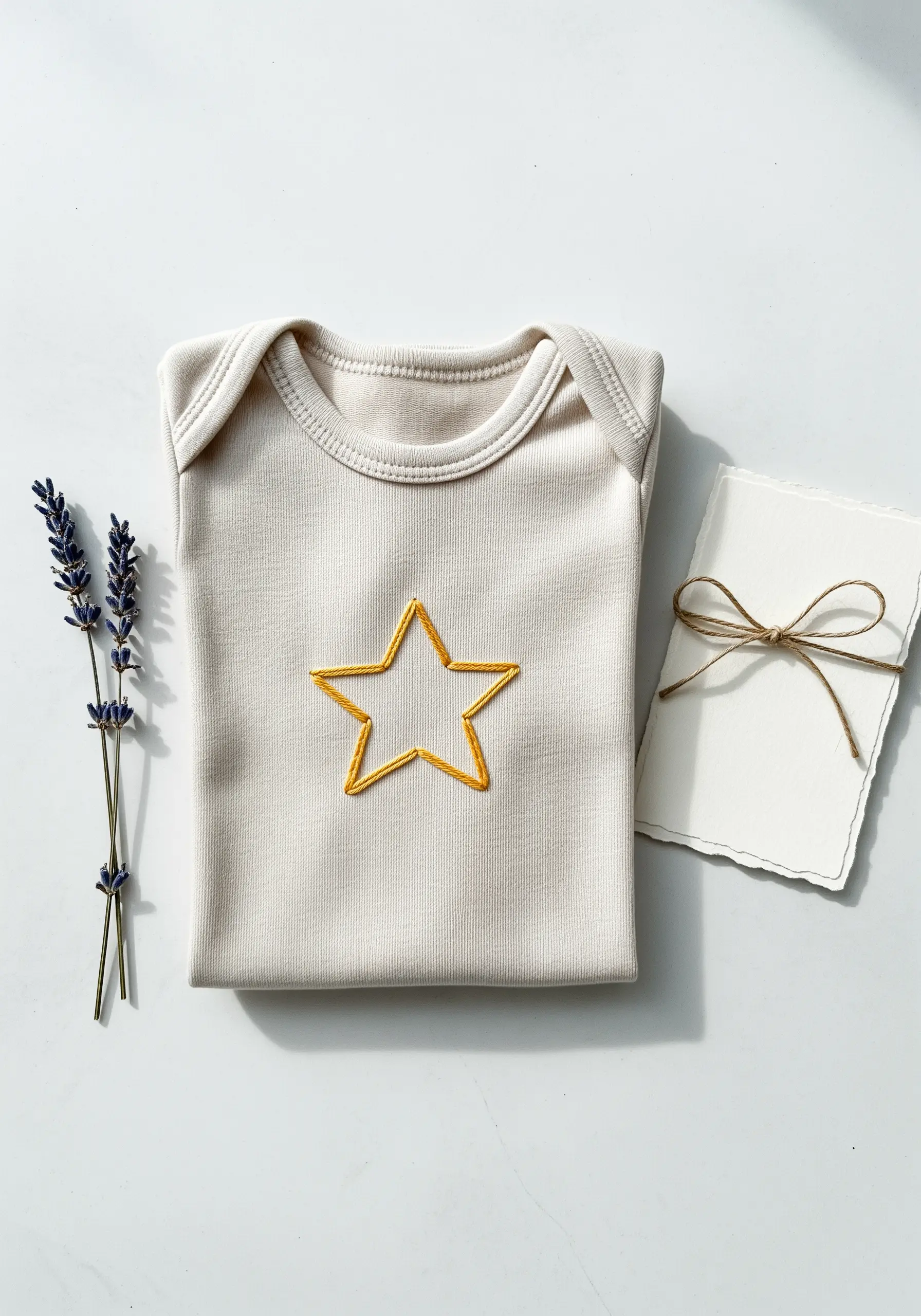 A bold gold star outline created with the couching technique on a beige baby onesie.