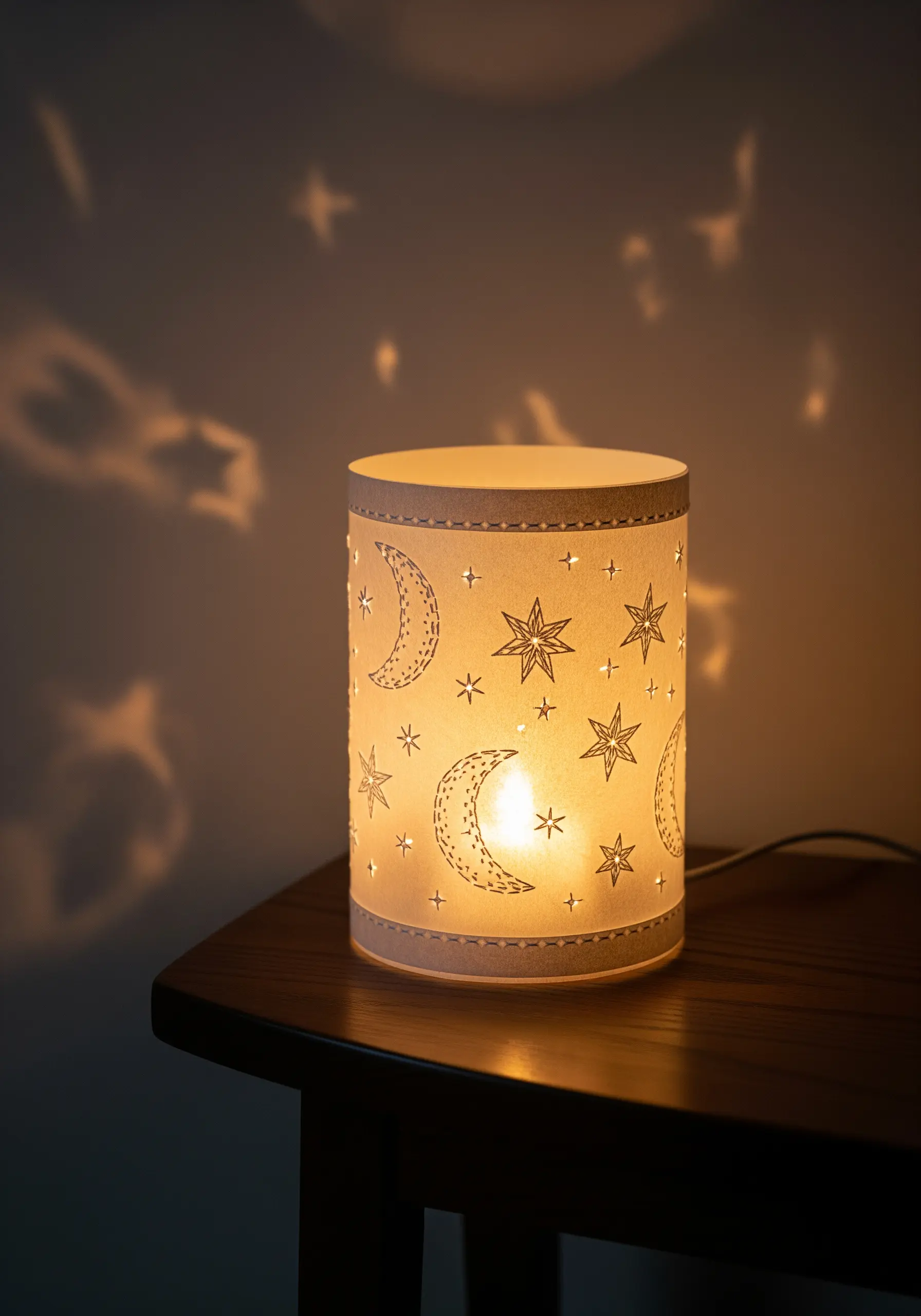 A cylindrical paper lantern decorated with stitched and cutout moons and stars, glowing warmly.
