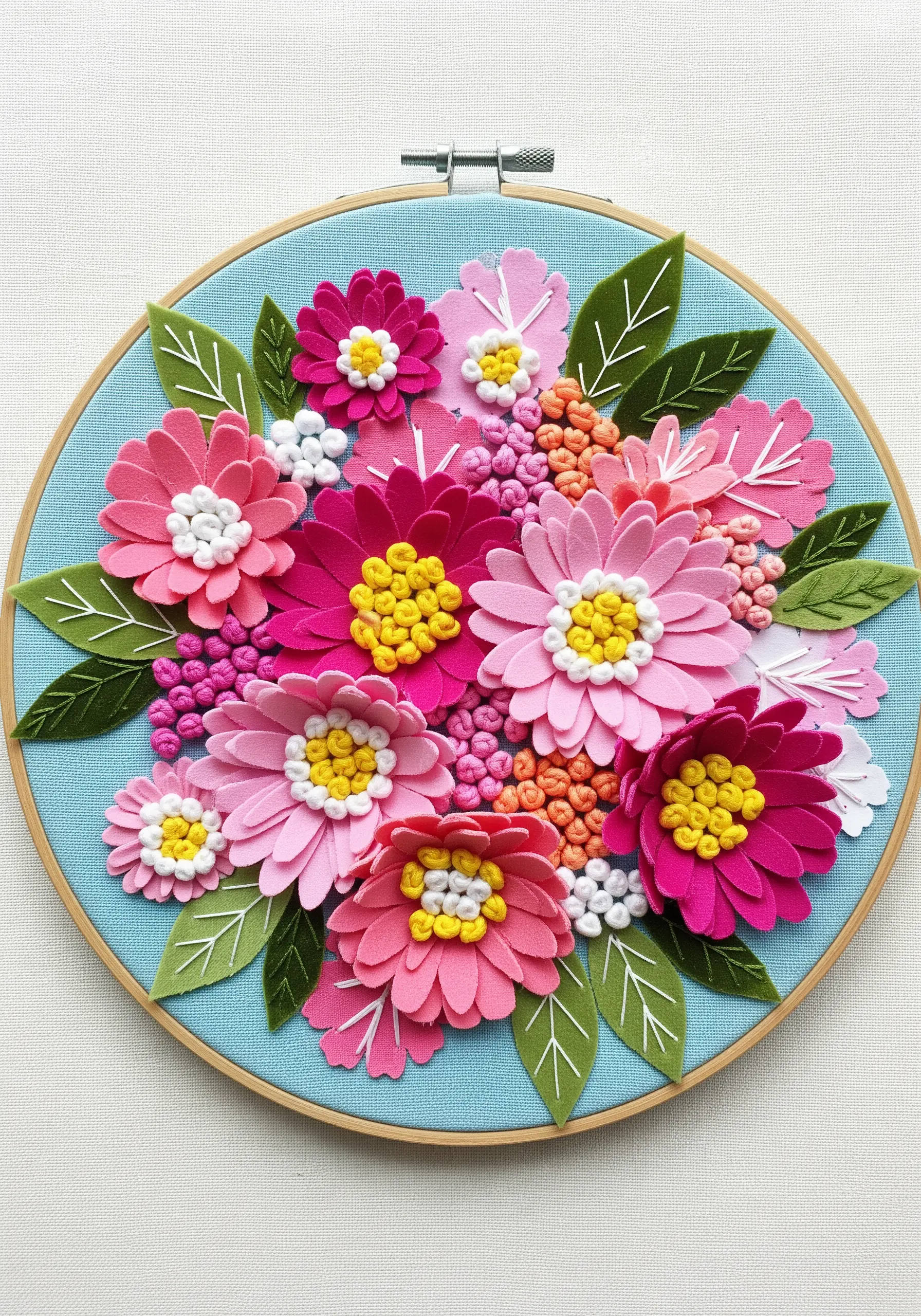 A vibrant, dimensional bouquet made from layered felt flowers with French knot centers.