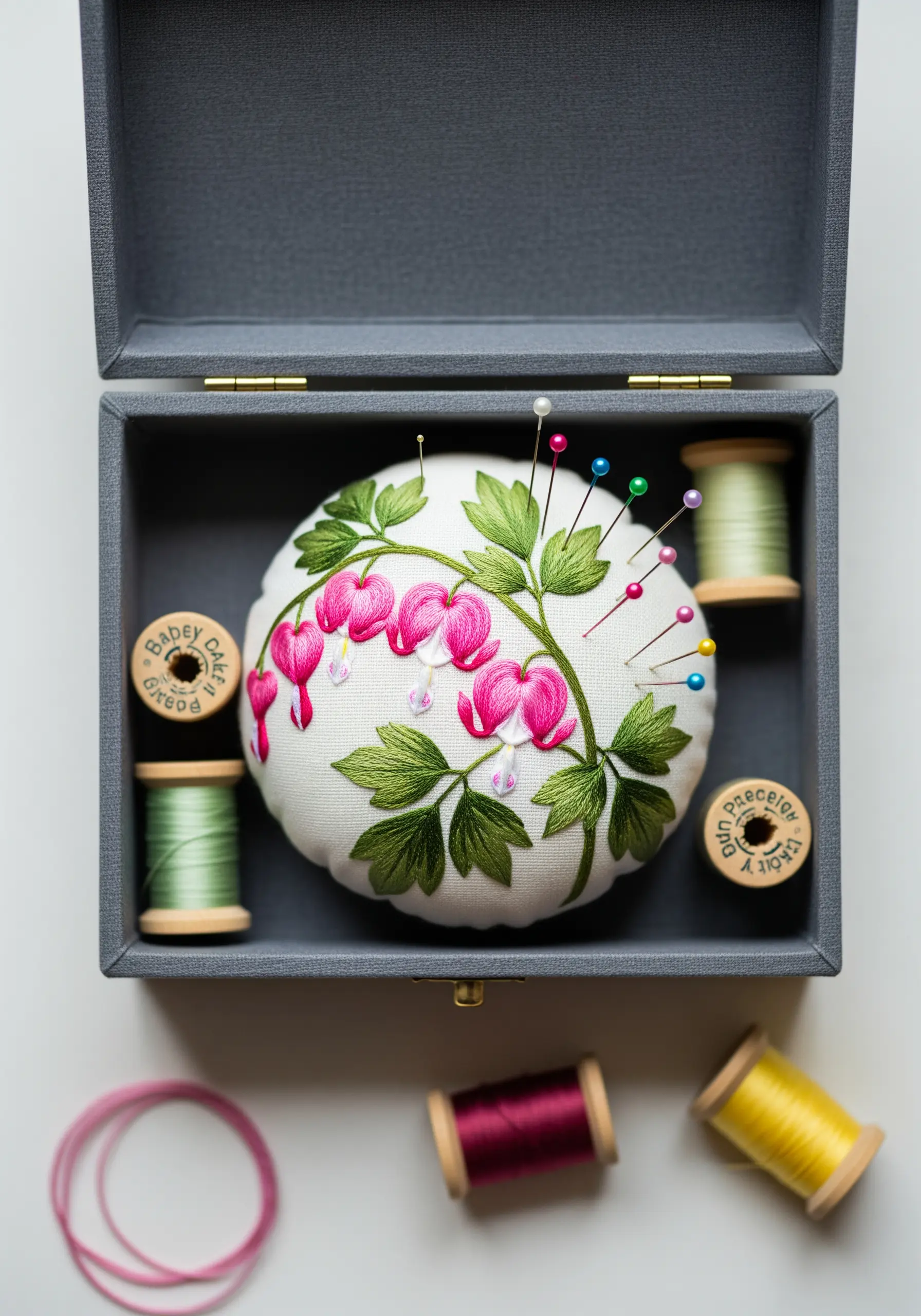 A round pincushion beautifully embroidered with a bleeding heart flower motif