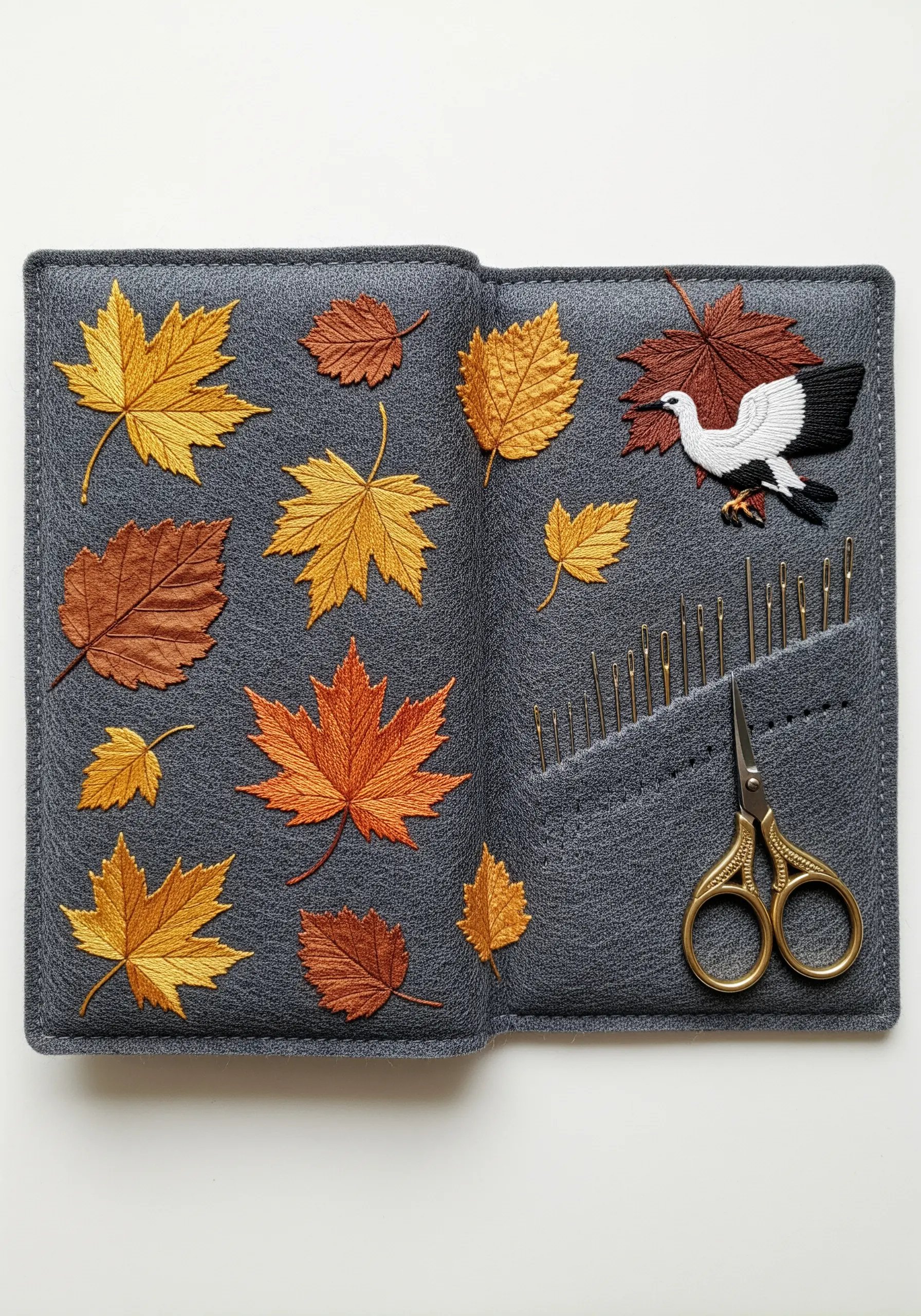 An open felt needle book decorated with a variety of embroidered autumn leaves
