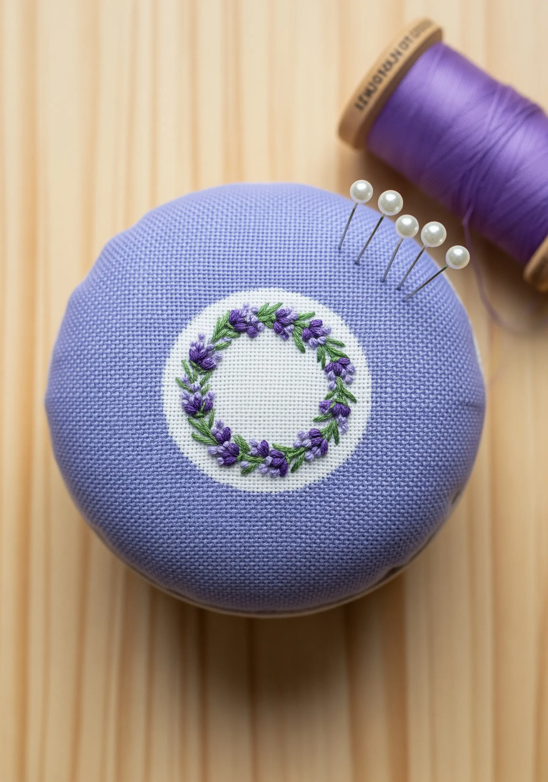 A miniature lavender wreath with dense French knots stitched on a lavender pincushion.