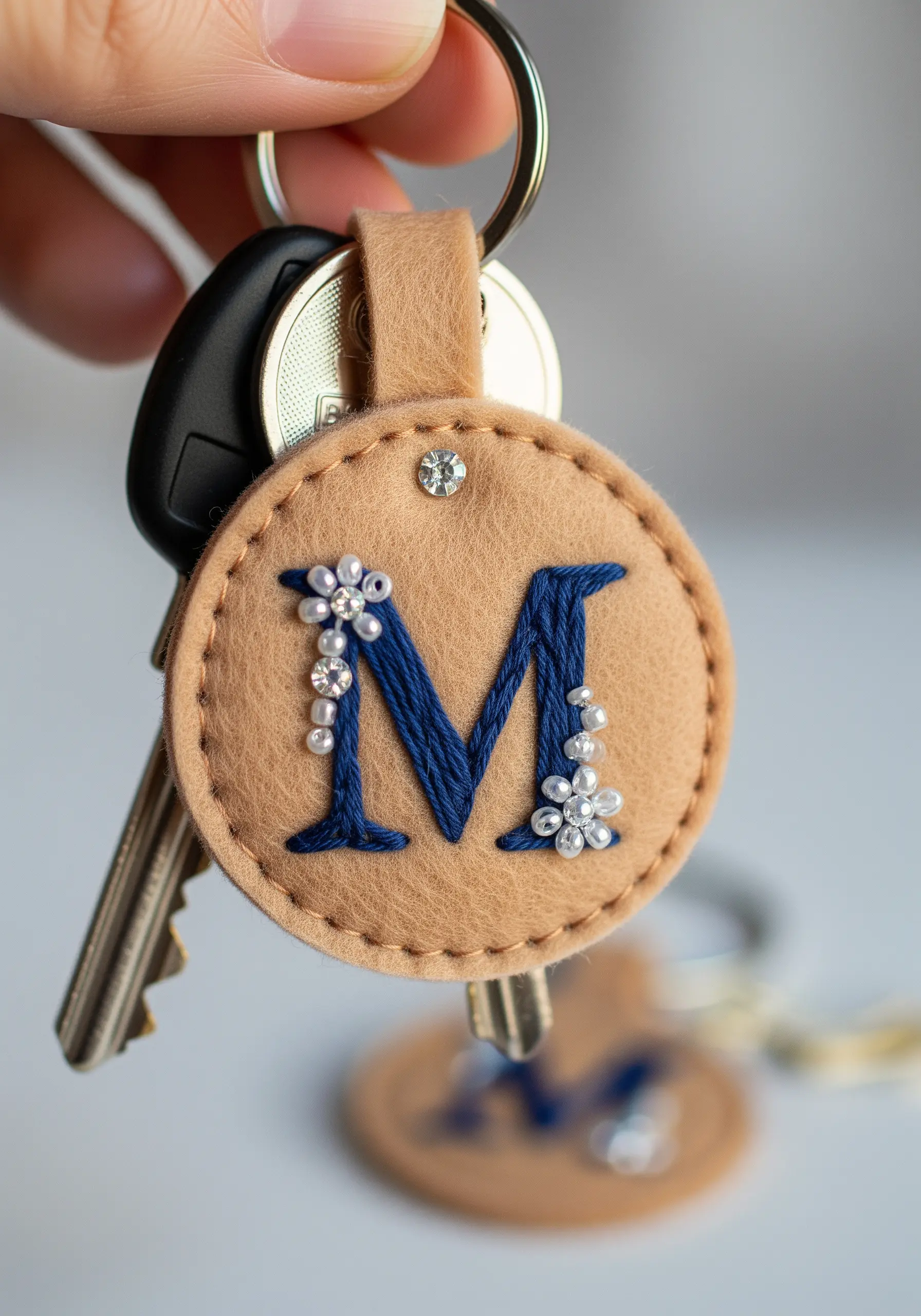 A felt keychain with a navy blue satin-stitched 'M' embellished with pearls and beads.