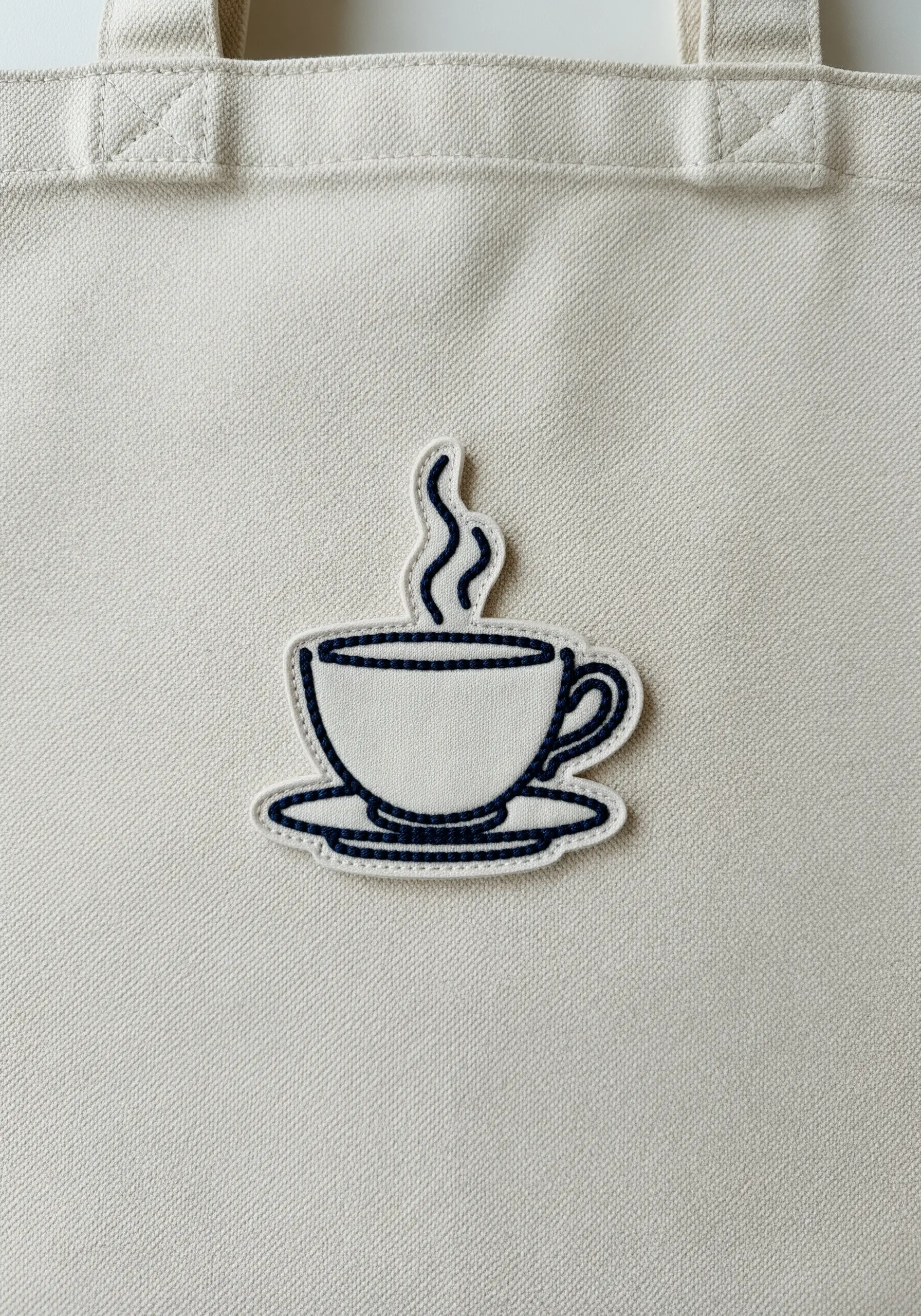 A hand-embroidered patch of a coffee cup, stitched onto a canvas tote bag.