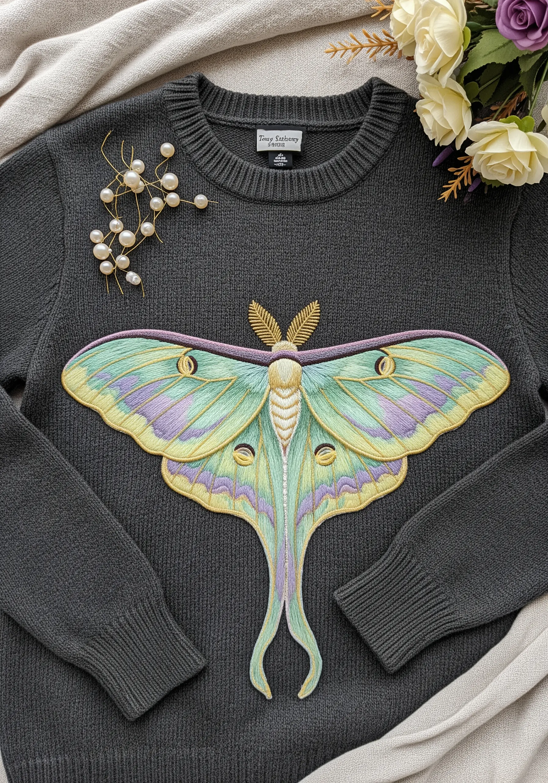 A large, detailed Luna Moth with gold accents on a dark grey sweater, next to pearl sprigs.